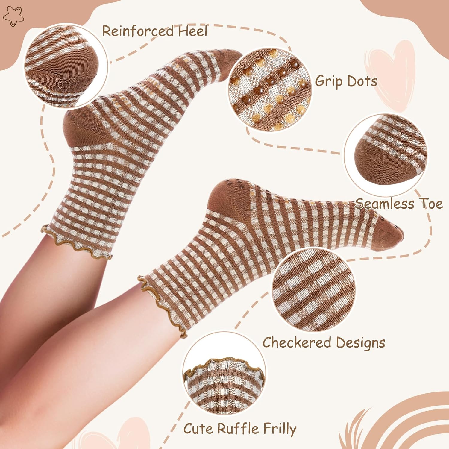 4 Pairs Ruffle Pilates Grippy Socks, Cute Gingham Non Slip Ankle Yoga Socks for Women Dance Gym Exercise - Image 2