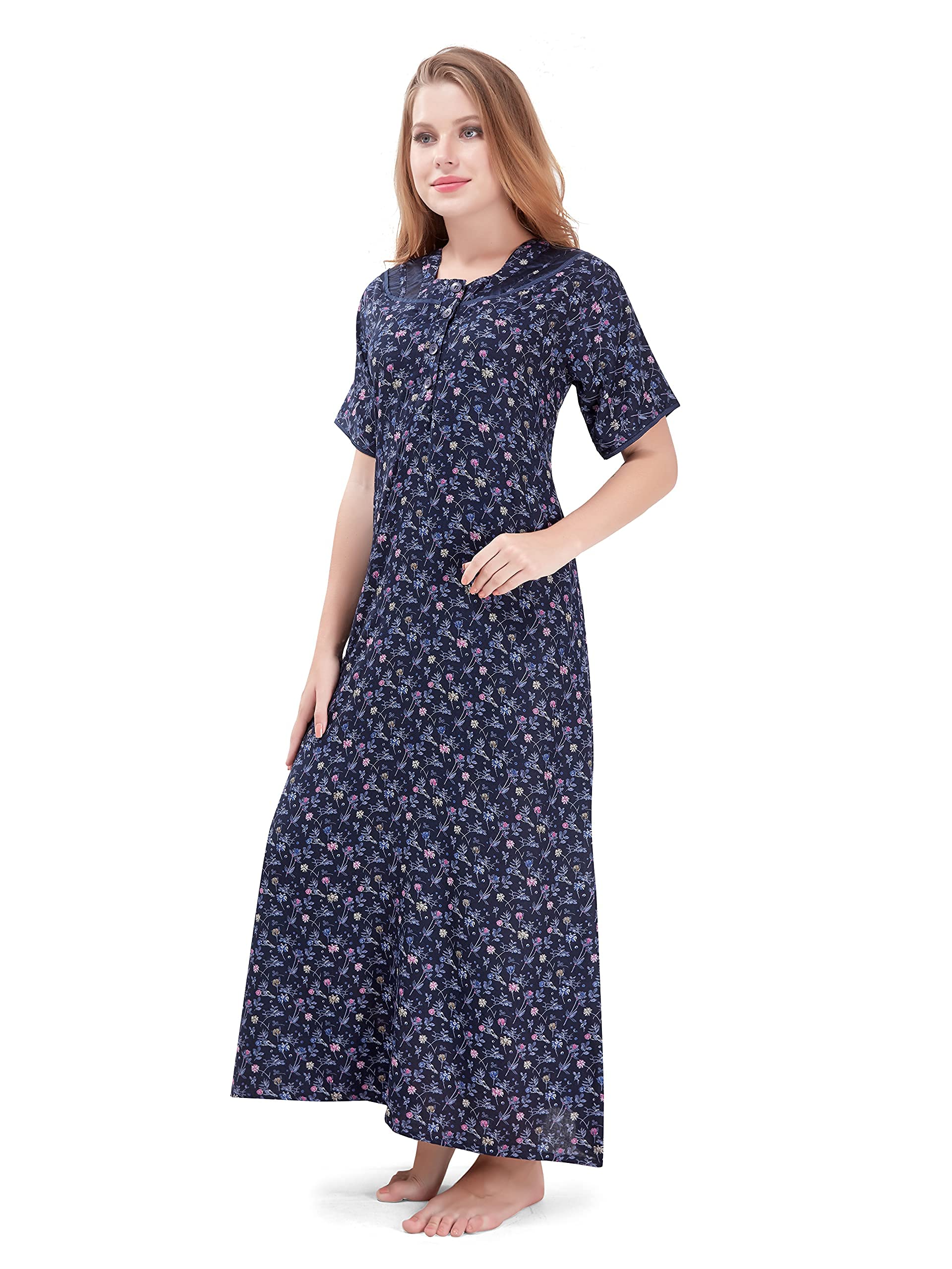 rf ruvi fashion 100% Rayon Nighty for Women Use Full Length Gown/Maxi, Comfortable, Simple, Durable and Fashionable Round Neck with Button (Navy Blue_115)-picture-58