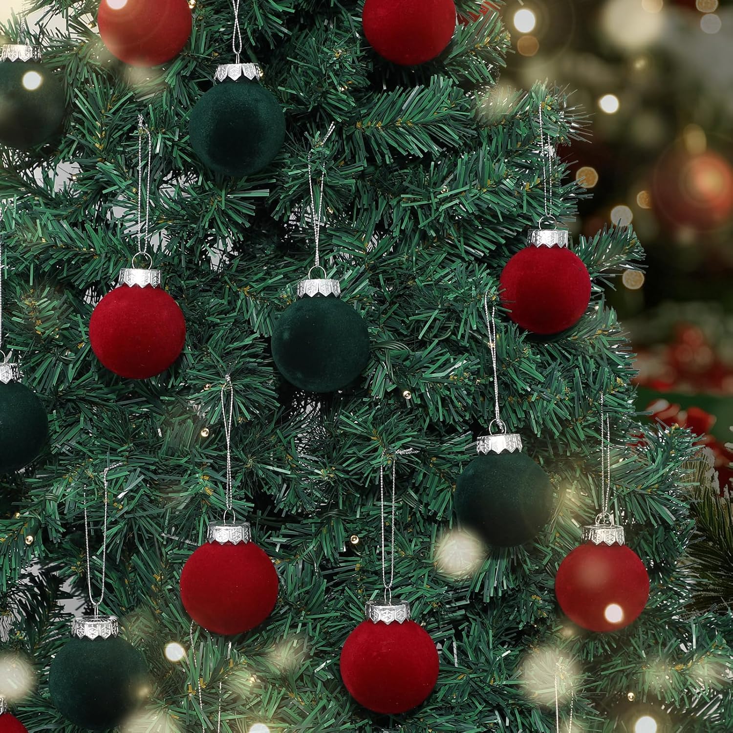 30 pcs Wine Red and Green Flocked Velvet Christmas Tree Ball 2.4inch Christmas Tree Ornaments Shatterproof Plastic Decorative Hanging for Xmas Holiday Family Home Store Indoor Decor