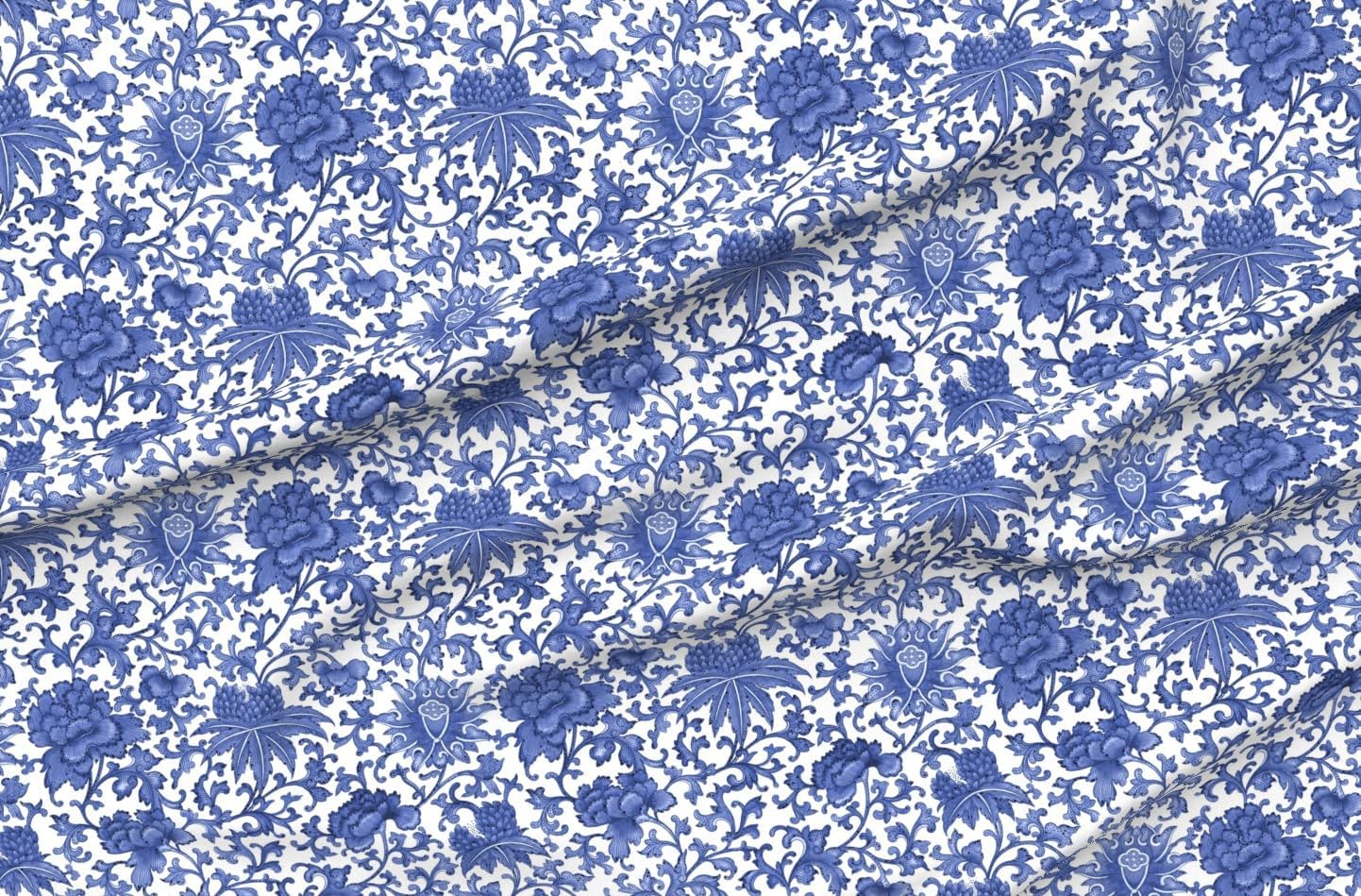 Spoonflower Fabric - Floral Chinoiserie English Cottage Victorian Toile Blue Farmhouse Printed on Petal Cotton Fabric Fat Quarter - Sewing Quilting Apparel Crafts Decor