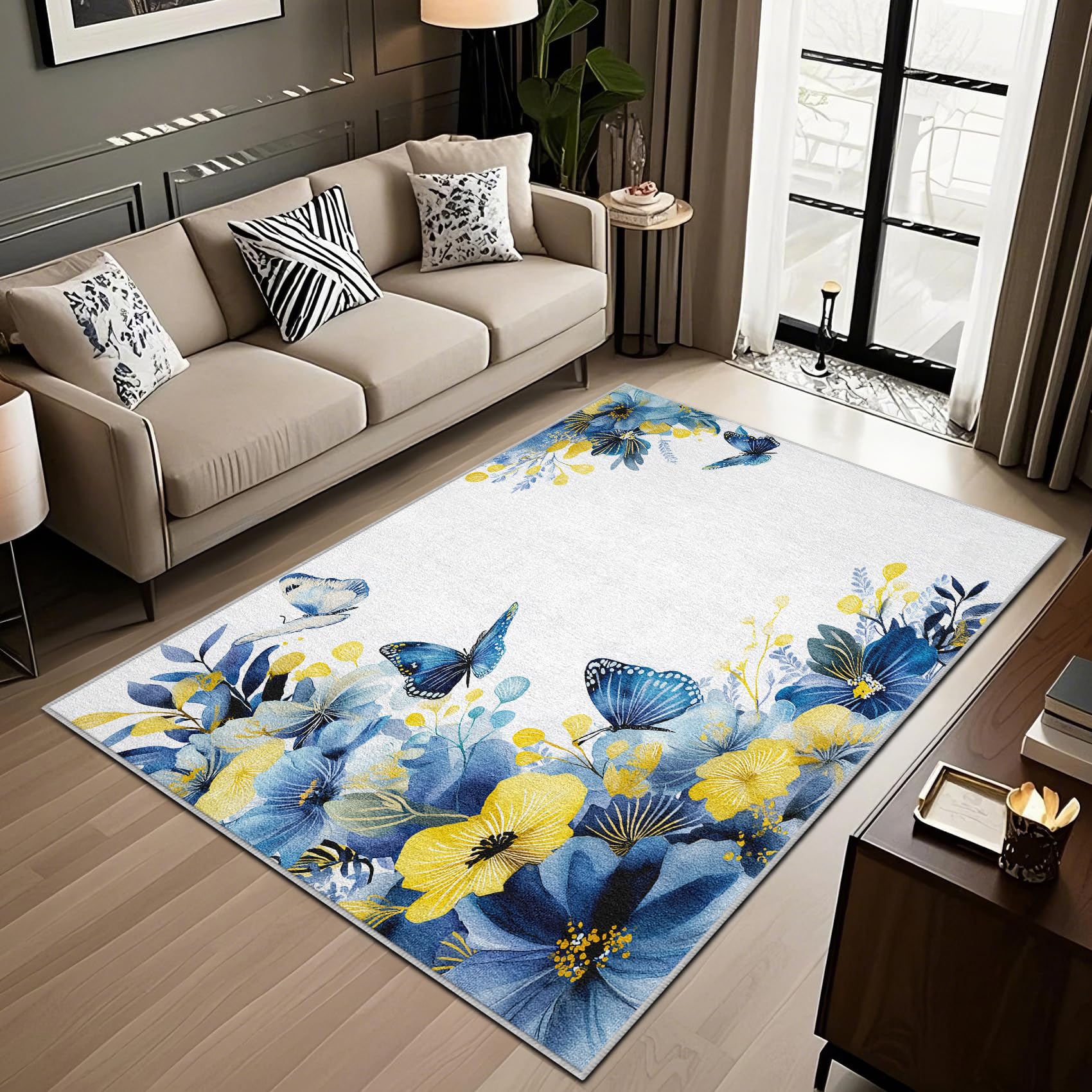 Tapis antidérapant lavable motif fleurs papillons 120x170 cm pour cuisine