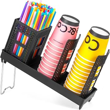 Cup and Lid Holder, Disposable Paper Cup Dispenser with Coffee Pod Straw Storage Basket, Countertop Coffee Cup Holder for Coffee Stations, Bars, Break Rooms, Living Rooms, Parties Black