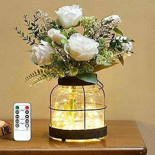 LEORAY Farmhouse Glass Vase Rustic Vase Vintage Lantern with Artificial Flowers Lights and Remote Control for Home Decor Table Arrangement Centerpieces Housewarming Gift