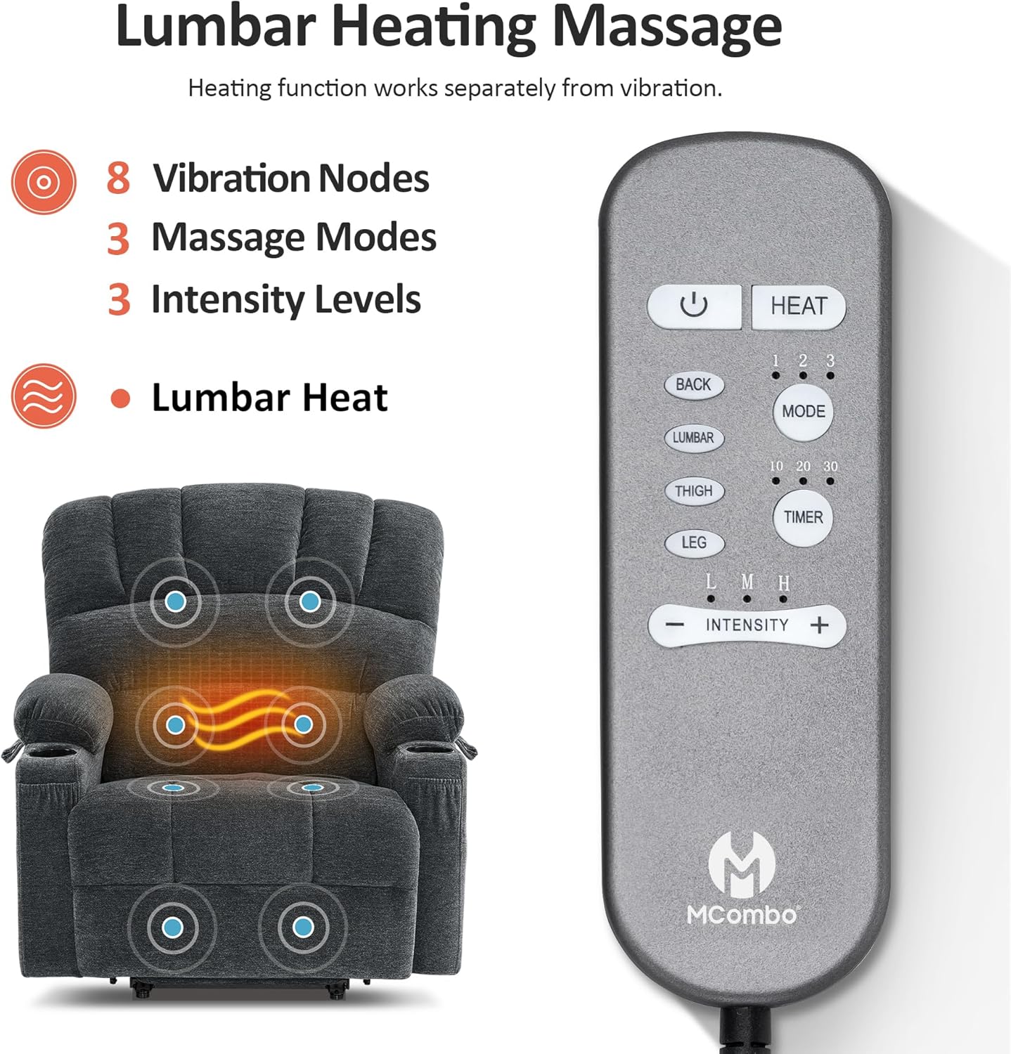 MCombo Power Lift Recliner with remote control for heat and massage functions