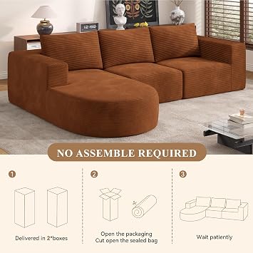 L-Shaped Boneless Couch,104 Couches for Living Room with Curved Chaise,Modular Sectional Sofa with Deep Seat,Modern Cozy Cloud Compression Sofas,No Assembly Required(Brown) 1PCS