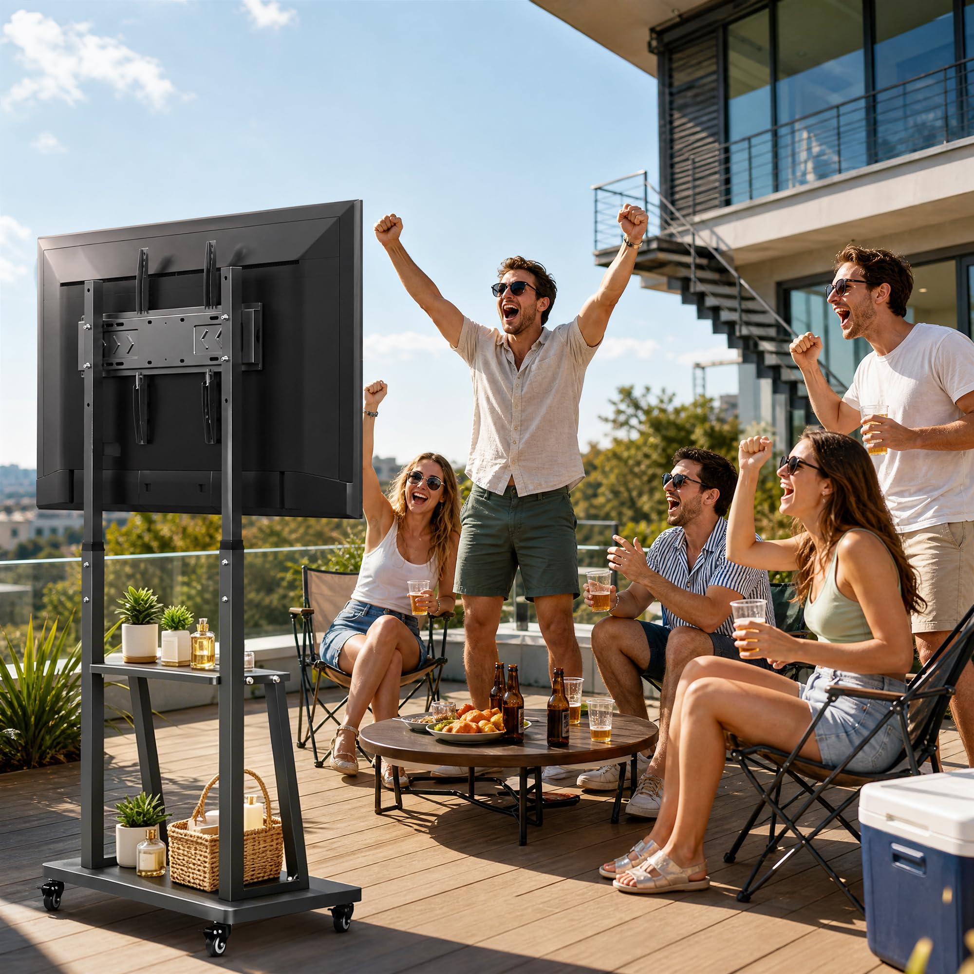 TV Ständer mit Rollen, Mobiler Fernsehtisch für 40-70 Zoll, Höhenverstellbar 123-155 cm, aus Metall für Wohnzimmer Büro, bis max. VESA 600x400, 155x70x43cm