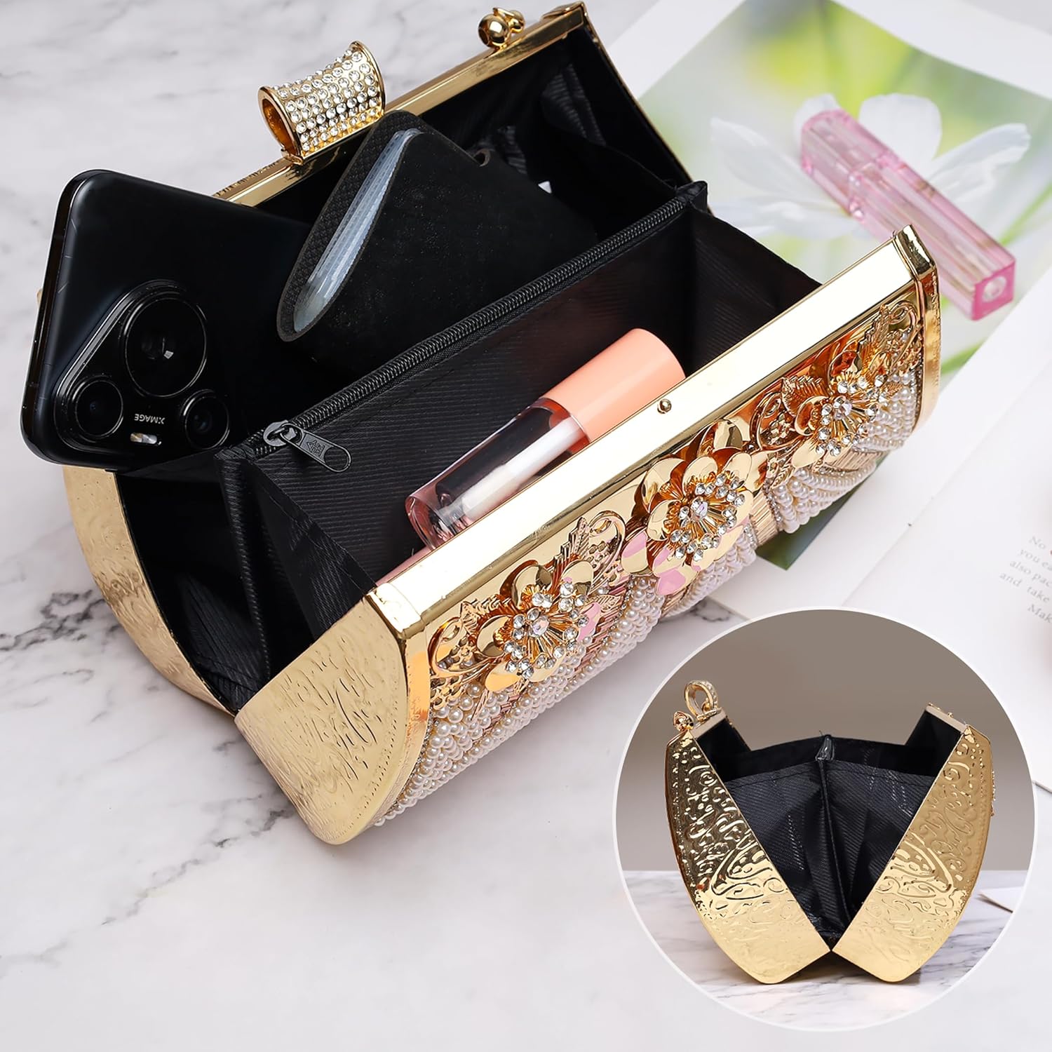 Women's Glitter Clutch Rhinestone Bead Pearl Evening Bag Gold Metal Purse for Party Wedding Bag