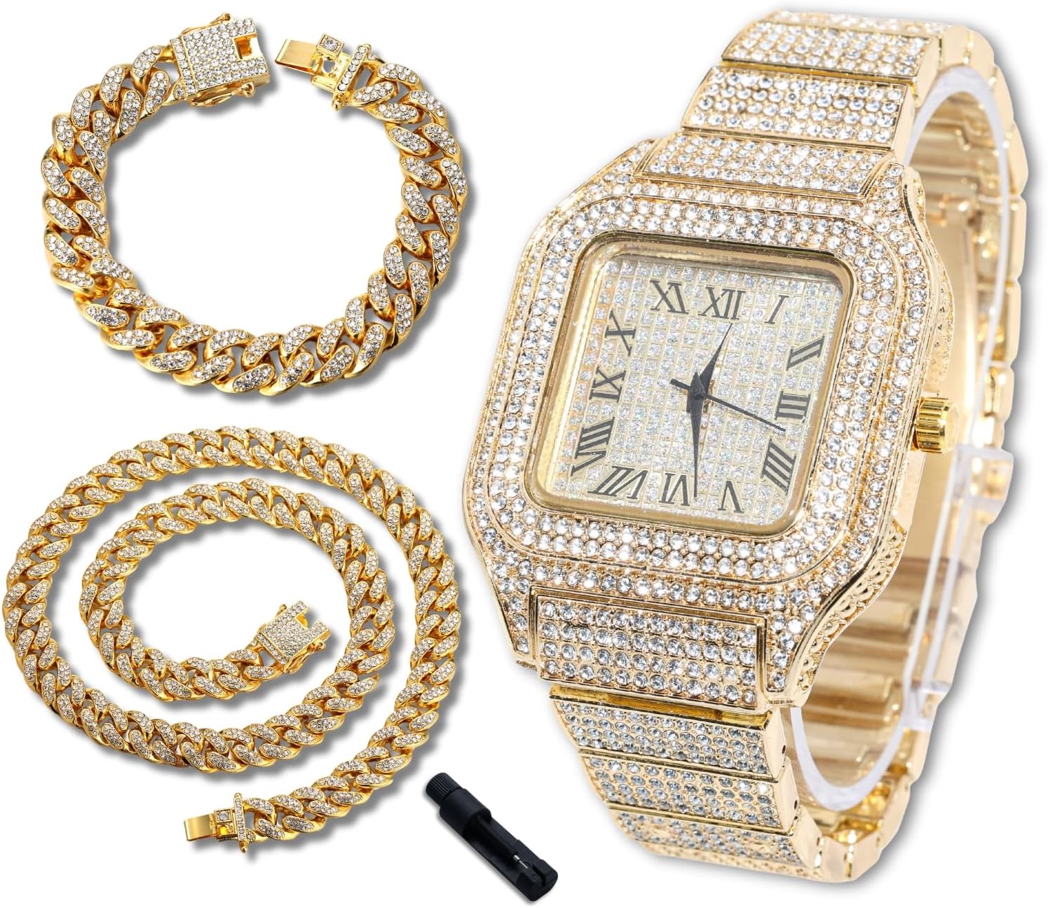 Luxury Diamond Watch for Kids Teen - Iced Out Bling 18K Real Gold/Platinum/Rhodium Black Plated - 40mm Square Dial Strap 7.3" - Adjuster Tool Included - Optional with Cuban Chain