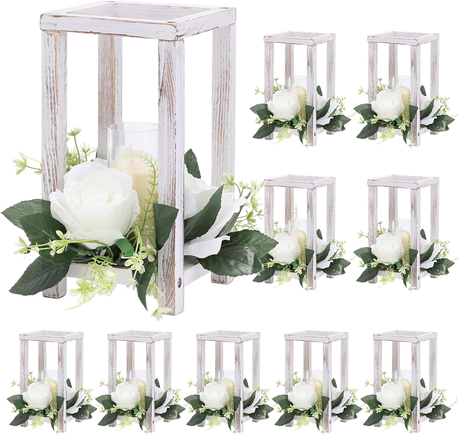 10 Pcs Wooden Wedding Lantern Centerpiece Holders, Farmhouse Wood Rustic Candle Lantern Holders for Table Wedding Indoor Fireplace Dining Party Decorations (No Candles & Flowers) White