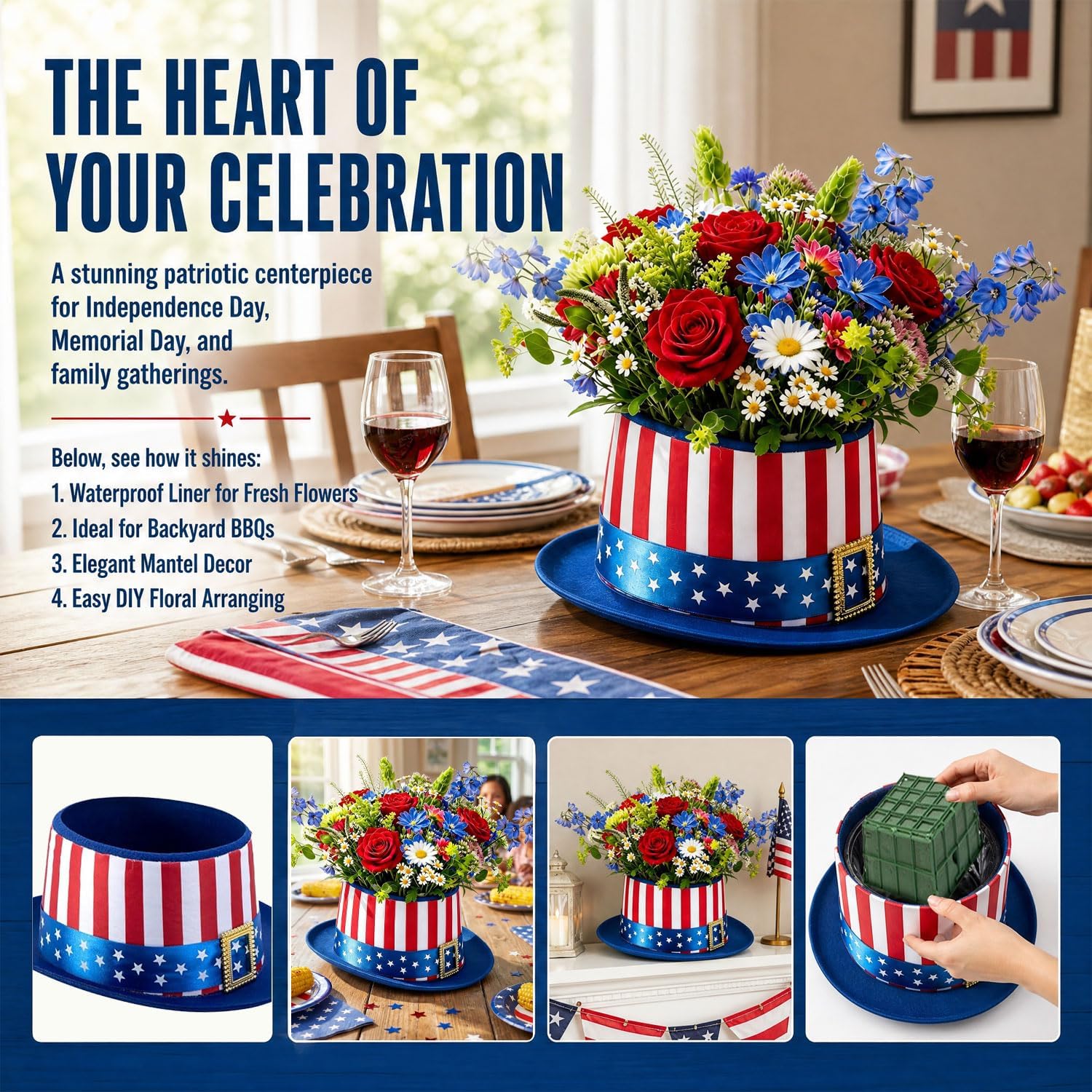 Condition photo showing New/Like New for independence day hat flower pot set,4th of july patriotic top hat table centerpiece,diy red white blue hat plant pots flower arrangement vases for 250th anniversary home dining table decor