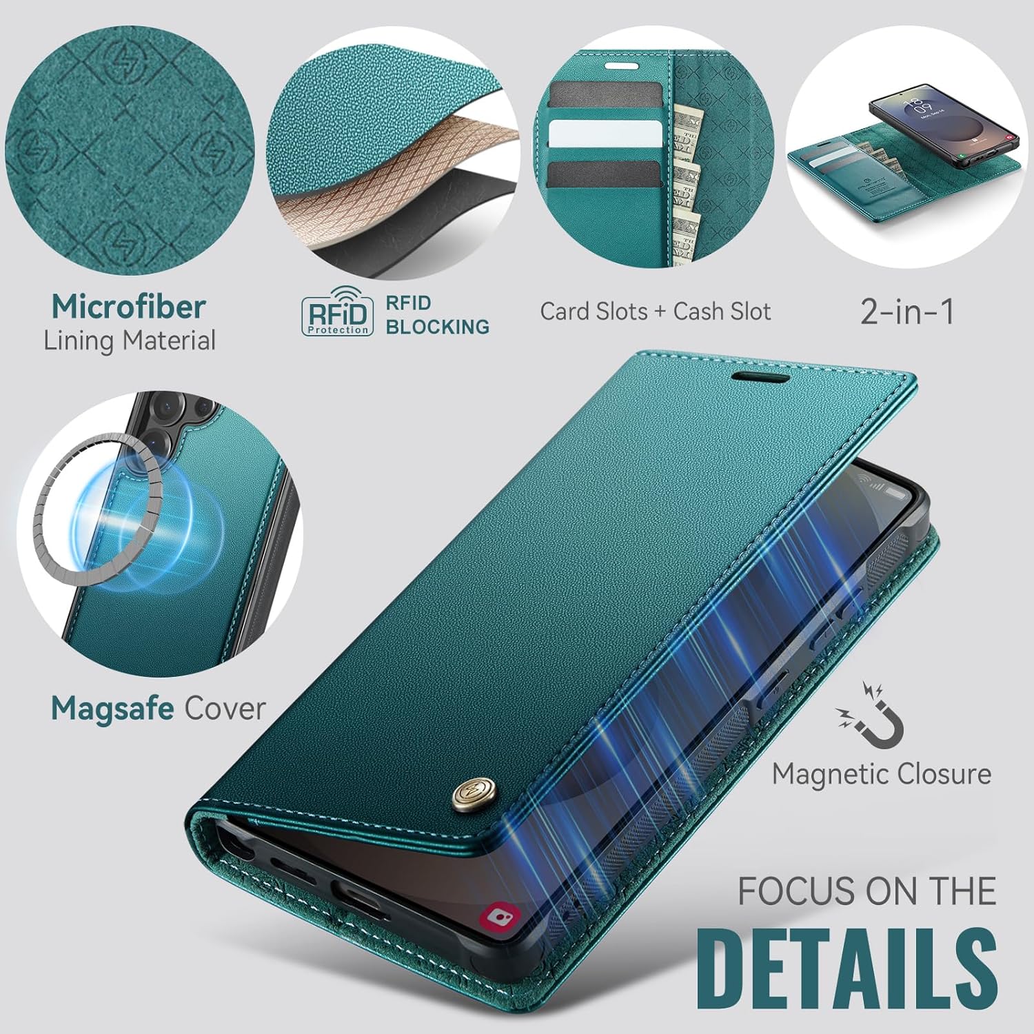 Wallet Case for Samsung Galaxy S25 Ultra Compatible with Magsafe, 2-in-1 PU Leather Flip RFID Blocking Card Holder Stand Shockproof Magnetic Detachable Cover for Galaxy S25 Ultra, Bluegreen - Image 6