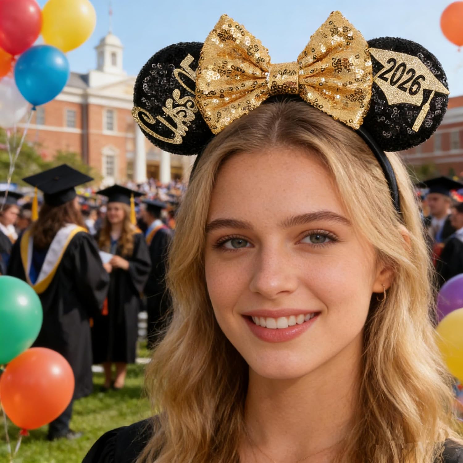 2026 Sparkling Gold Bow Graduation Mouse Ears Headband - Sequin Celebration Headwear for Grad Park Trip, Photo Props & Graduation Party Decorations image 2