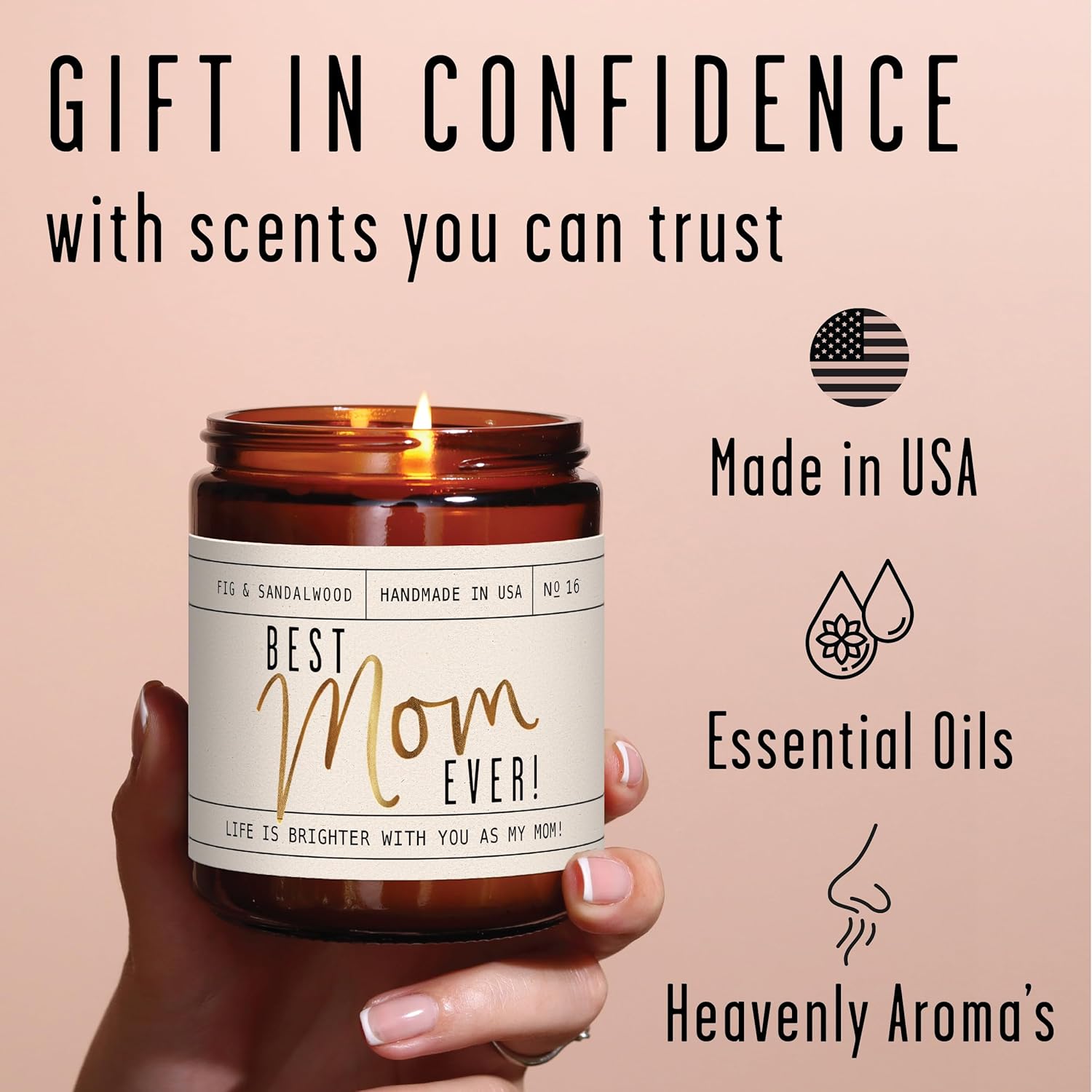 Mothers Day Gifts for Mom, Mom Gifts From Daughter or Son - 'Best Mom Ever' Soy Candle, w/Fig & Sandalwood I Mom Birthday Gifts from Son Ideas I 50Hr Burn, USA Made - Image 5