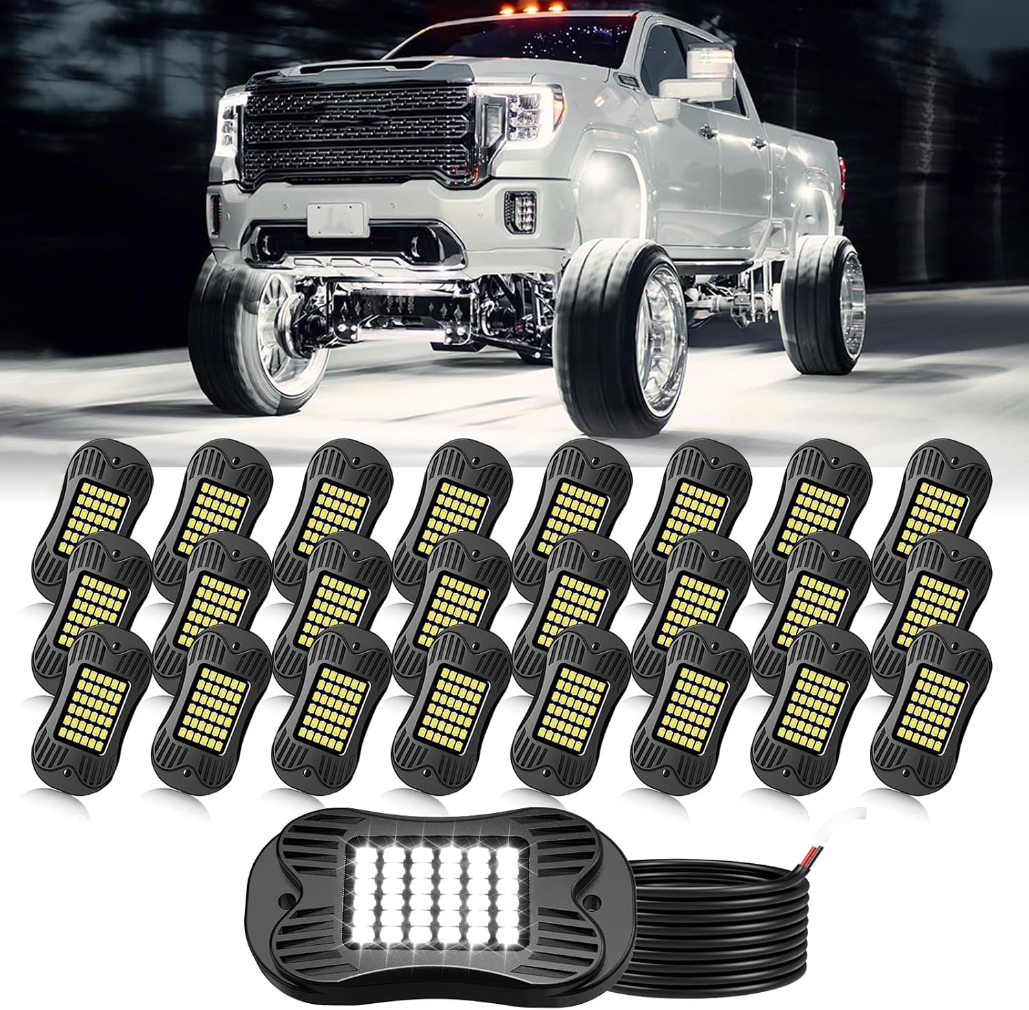 SHINIGHT 24 Pods White Rock Lights 6000K Pure White Super Bright Underglow Light,10FT/3M Extension Wires Each Light,36 LED SMD Chips,Waterproof IP68,Rock Lights for Trucks UTV ATV SUV Boats