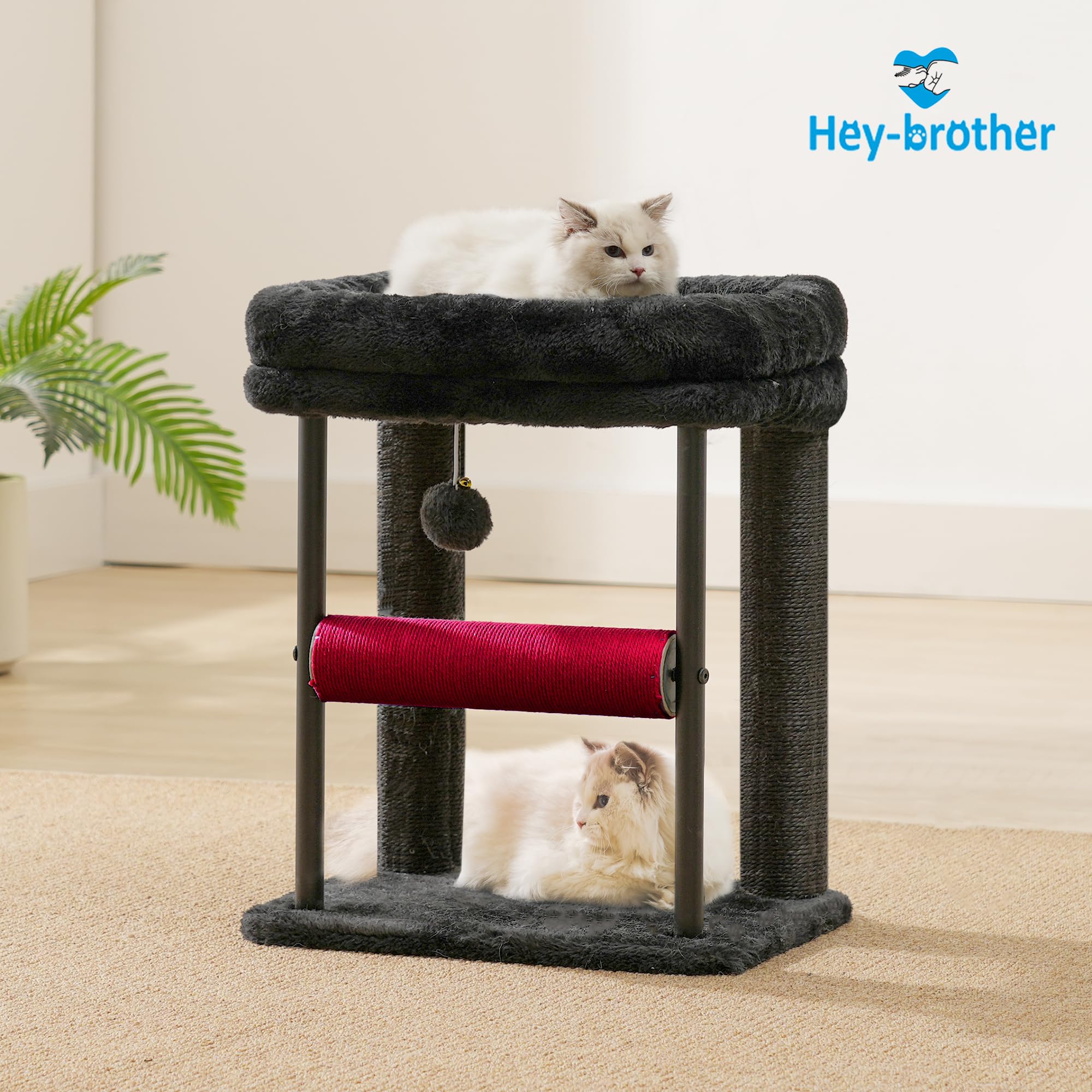 Hey-Brother Árbol para Gatos, Torre Resistente con columnas envueltas en sisal, MPJ010SBR | Postes rascadores para gatos de 18.9 pulgadas con cama, bola de juguete de peluche para gatitos de interior, negro y rojo