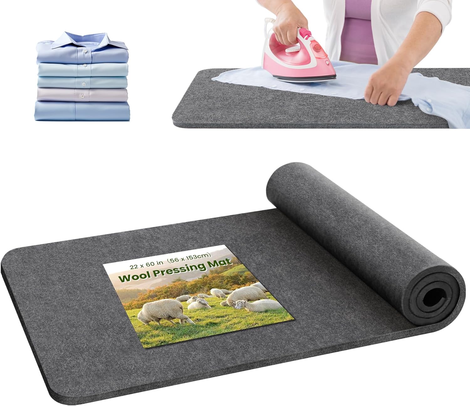 BREENHILL Wool Pressing Mat 22" x 60" –Extra Large Thick Felt Ironing Pad for Quilting, Sewing, Crafting –Wool with Bonus Heat-Resistant Iron Rest–Portable and Durable Ironing Surface(Dark Gray）