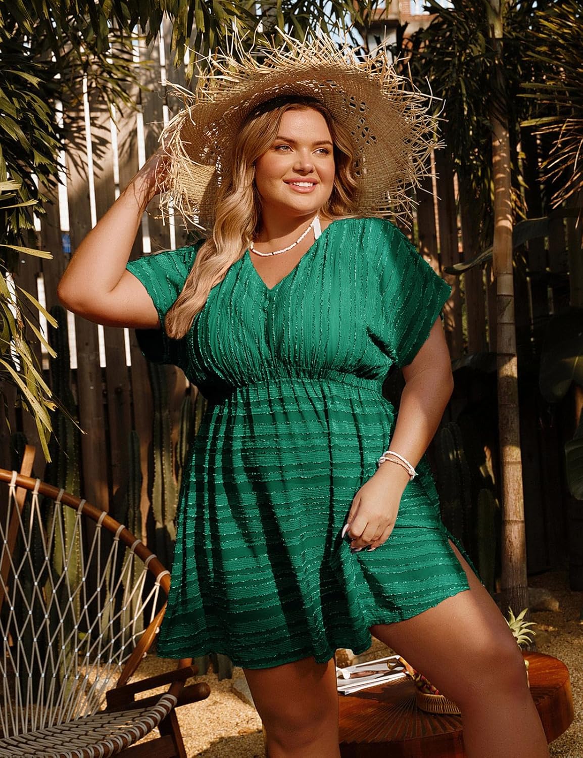 Hanna Nikole Plus Size Swimsuit Coverup, Textured Striped Elastic Waisted Coverups, V Neck Side Split Beach Cover Up - Image 2