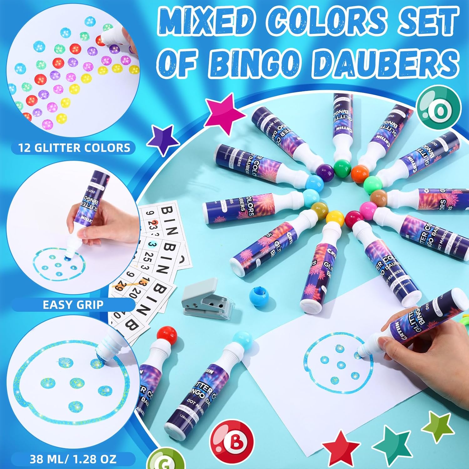 Crtiin 48 Pack Glitter Bingo Daubers Bulk 1.28 oz Large Dot Paint Bingo Markers Supplies in 12 Glitter Colors Fluorescent Dot Markers Art Paint Craft for Art Craft Painting Supplies Drawing Coloring
