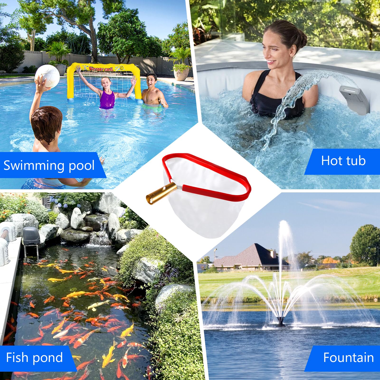 Recogedor para Piscina Red de Malla Fina para Algas Rastrillo de Superficie para Piscina, Red de Limpieza con Marco de Aluminio Rojo para Estanque, Piscina, Parque Acuático, Fuente (Sin Mango)