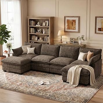 U Shaped Modular Sectional Sofa, Cloud Couch with Movable Ottoman, Comfy Chenille Sofa with Pillows for Living Room, Bedroom, Apartment, Taupe