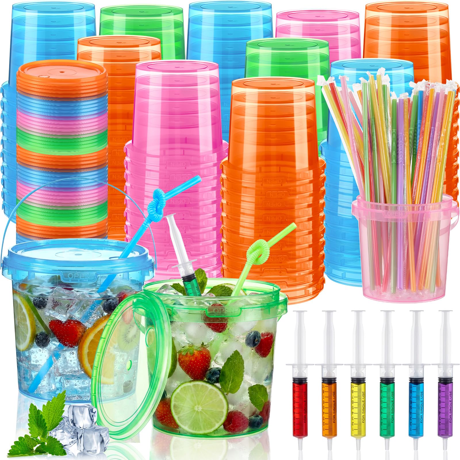 Funnymoom Set di 300 secchielli in plastica per bevande, con coperchio, siringhe, rum, bevande, con manico, per feste, riutilizzabili, per vino, birra, cocktail (750 ml, colorati)