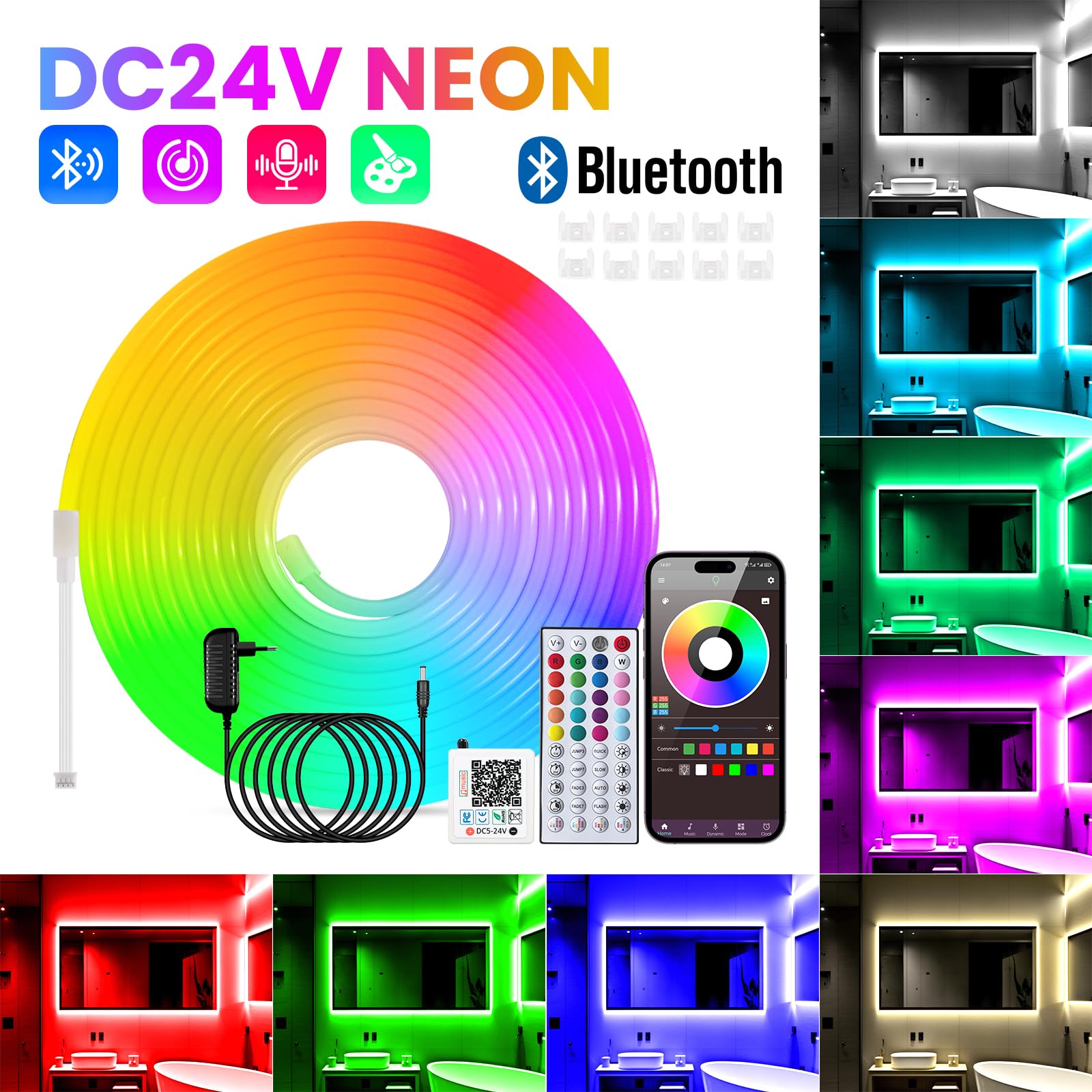 Dimmbar RGB Neon Stripe，24V 30M 1800LEDs Silikon Flexibler LED Streifen,Bluetooth Musik Sync Timer-Einstellung Neon LED Lichtband mit 44 Tasten Fernbedienung für Allerheiligen,Weihnachtsfeier