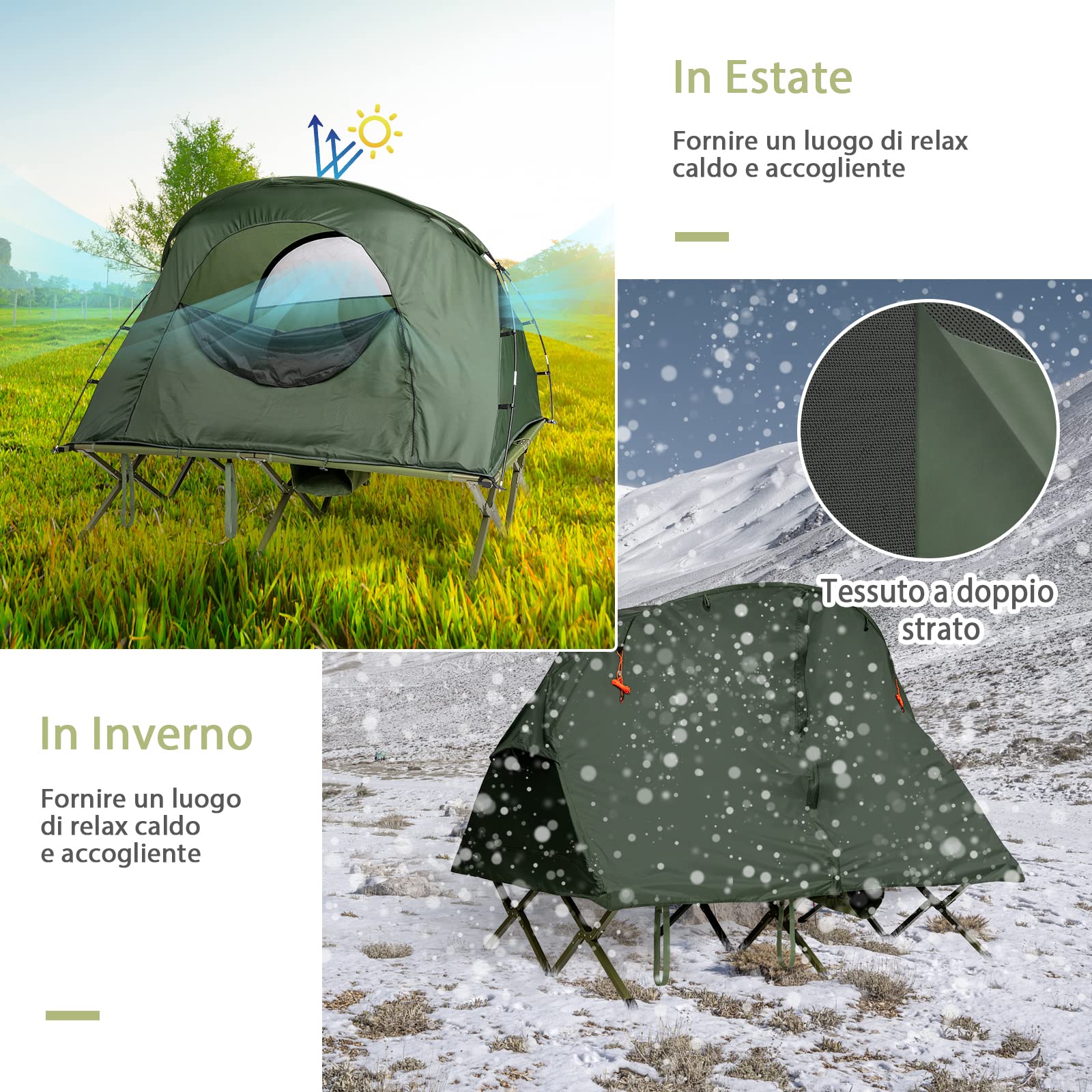 COSTWAY 4 in 1 Tenda da Campeggio Rialzata per 2 Persone, Letto Brandina da Campeggio Pieghevole con Materasso Gonfiabile Automatico, Tenda a Doppio Strato Impermeabile e Antivento con Borsa