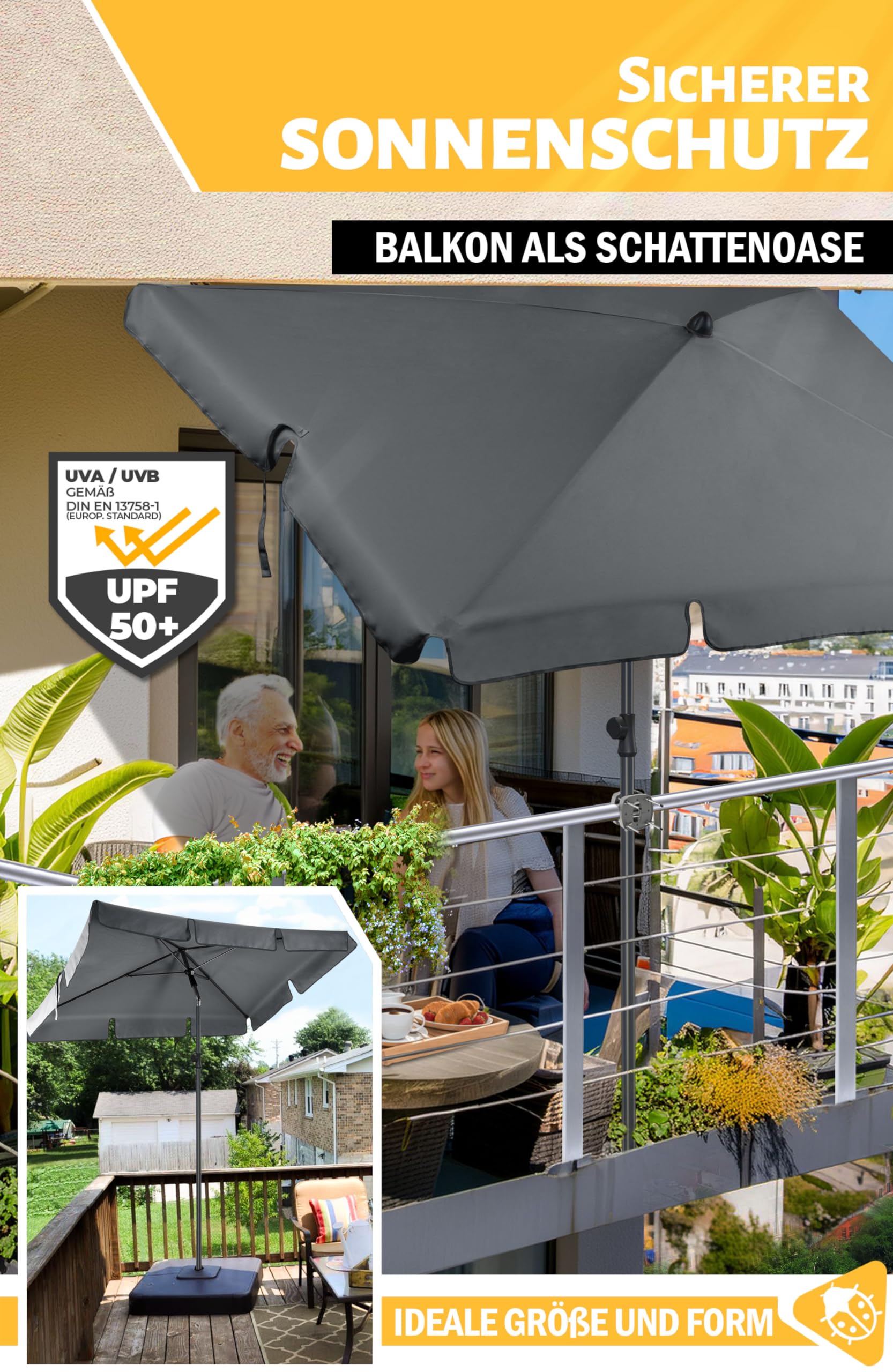 Menz Sonnenschirm Balkon 200 × 125 cm, Anthrazit