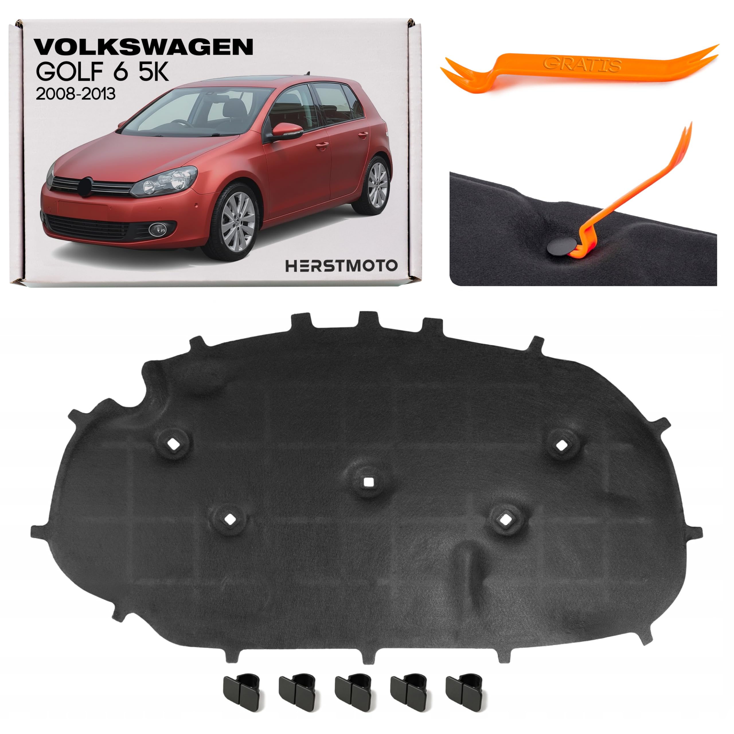 Motorhaubendämmung Schalldämmung der Motorhaube Motorhauben-Dämmmatte MIT CLIPS FÜR VW GOLF 6 VI 5K 2008-2013 5K0863831G