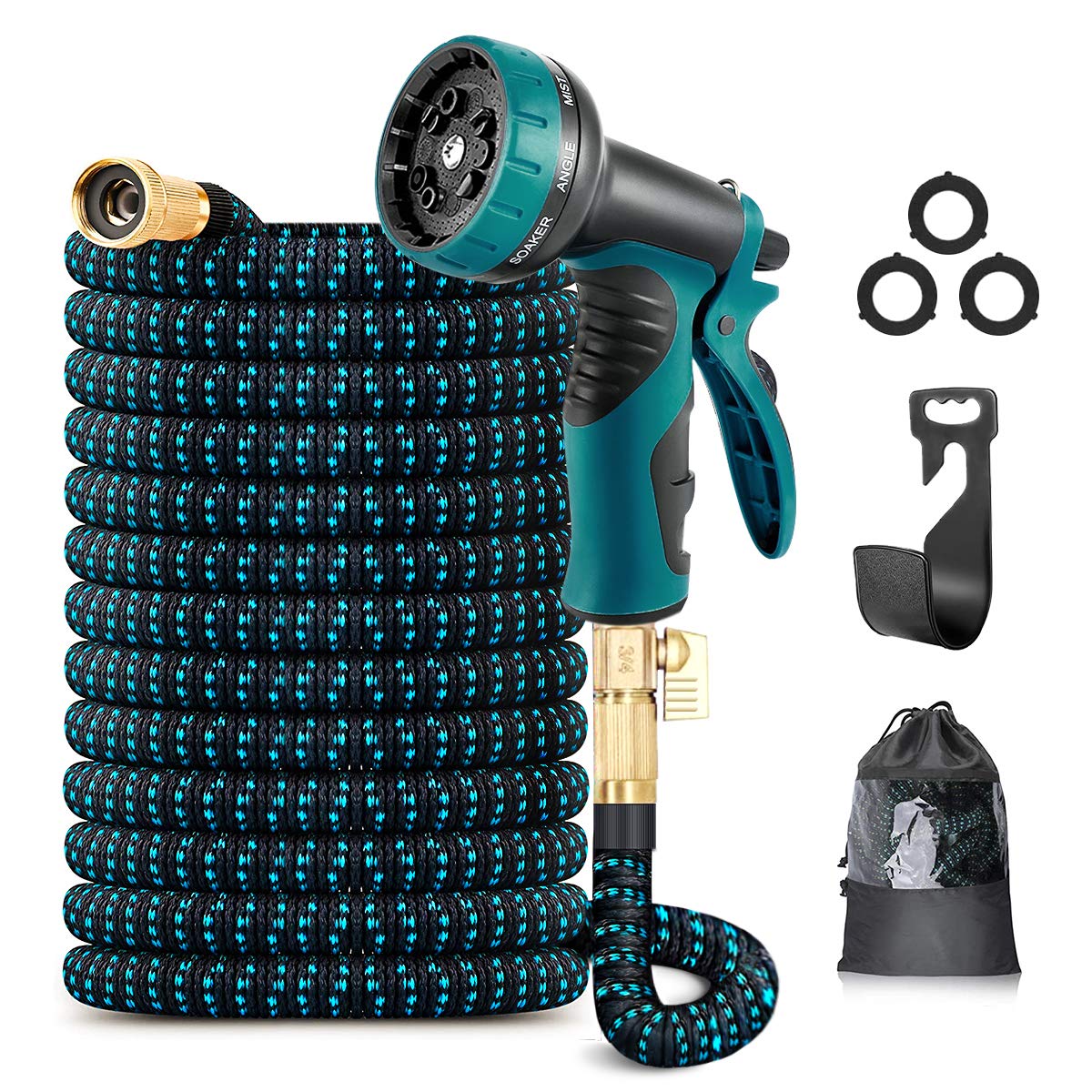 Expandable Garden Hose 100ft, Lightweight Flexible Water Hose Pipe with 3/4" Solid Brass Fitting, 10 Function Nozzle, Strength 3750D Fabric Durable Latex Core Retractable Hose for Watering and Washing