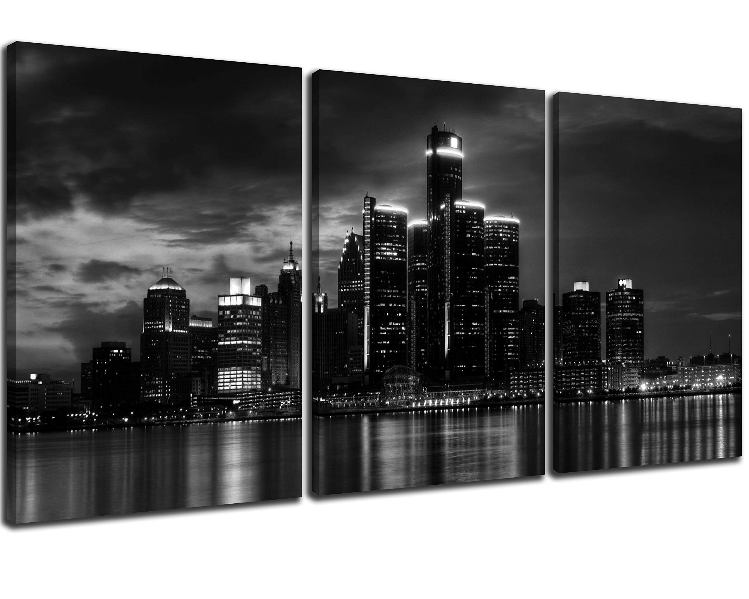 NAN Wind3 Pcs Wall Art Beautiful Detroit Skyline Black & White Canvas Art Paintings For Room Decor Cityscape Skyscrapers Night Scene Picture Prints On Canvas For Home Decor Modern Giclee Framed