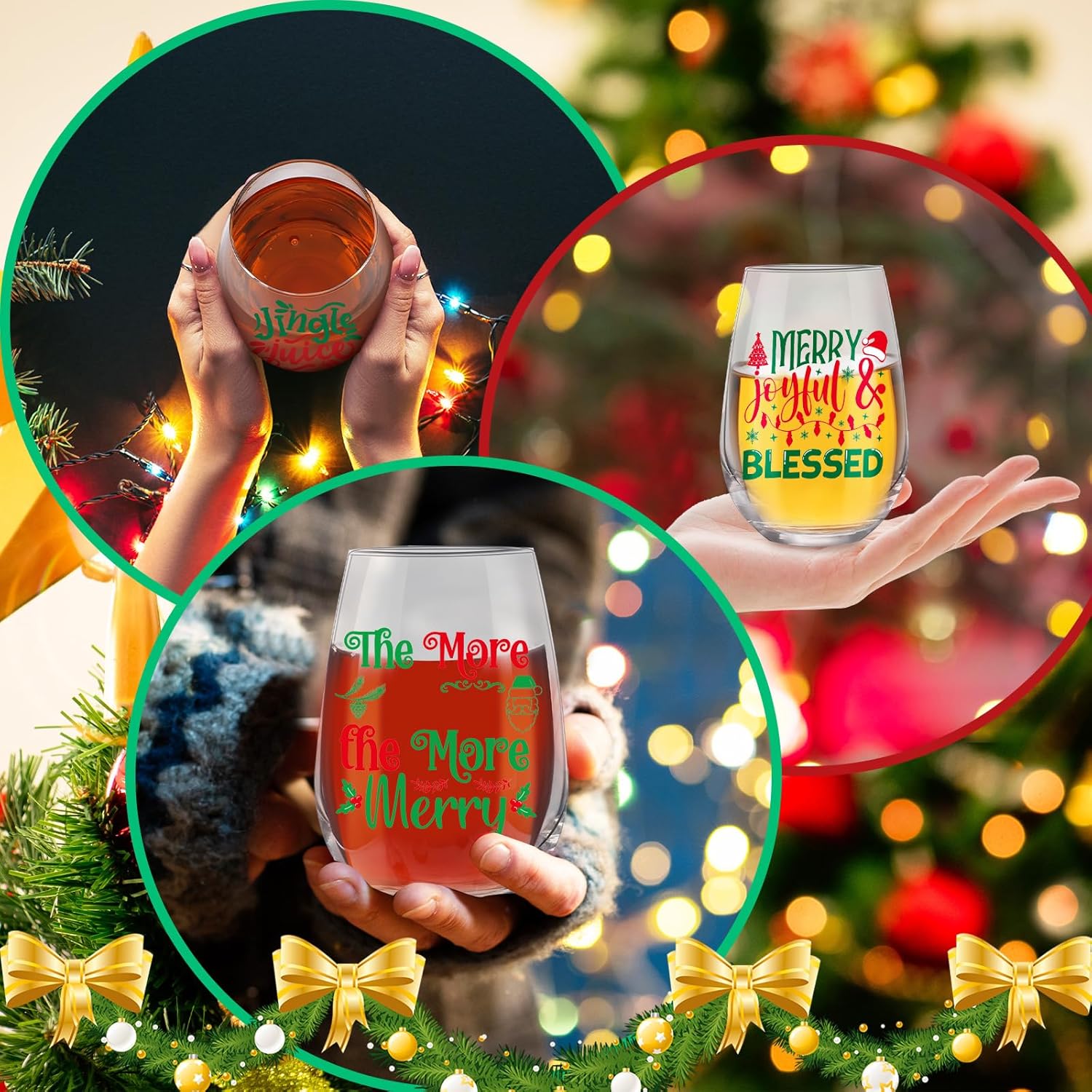 8 Pcs Christmas Wine Glass 15 oz Stemless Beverage Glasses Transparent Christmas Glasses Drinkware Gift Idea for Xmas Holiday Party Wedding Supplies Women Men Friends Gifts (Lovely) - Image 4