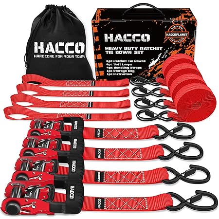 Haccoplanet Ratchet Straps, 5280lb Break Strengeth, 4pk 1.6" X 8' Heavy Duty Ratchet Tie Down Strap Set With Padded Handle, Coated S Hook, Soft Loop