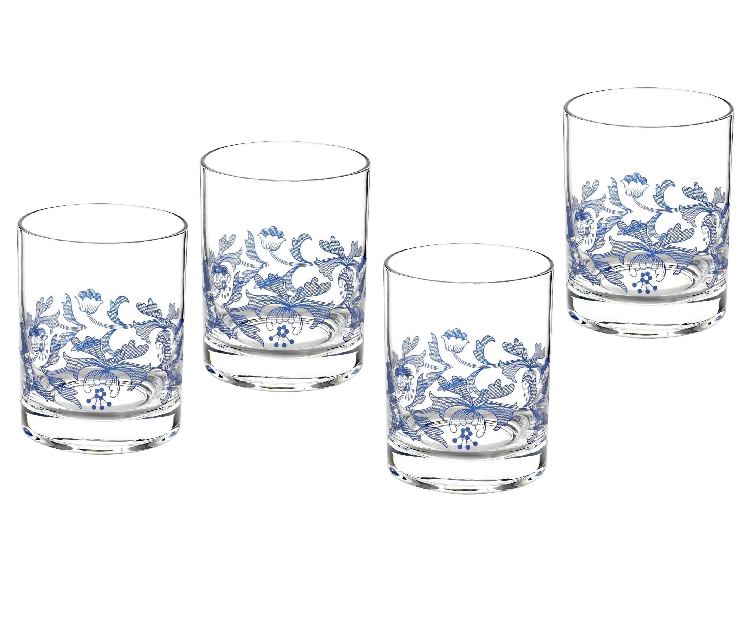 Spode Blue Italian Double Old-Fashioned Glass Tumblers, Set of 4-14oz Short Cocktail Glasses with Scenic Rim Detailing & Heritage Border - Ideal for Whiskey, Spirits, Iced Beverages