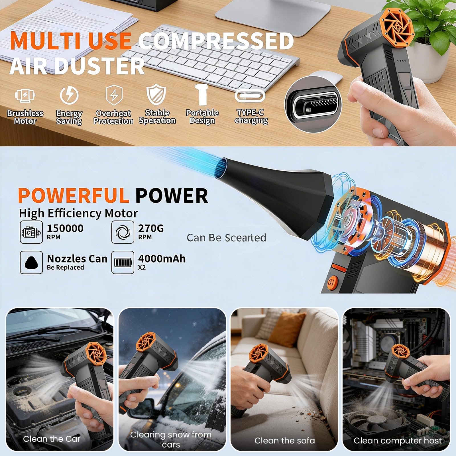 Soplador de nieve, 120 W, 150.000 rpm, quitanieves térmico de alto rendimiento, engranaje sin niveles, ventilador turbo, quitanieves coche, plumero de aire comprimido con batería de 8000 mAh para