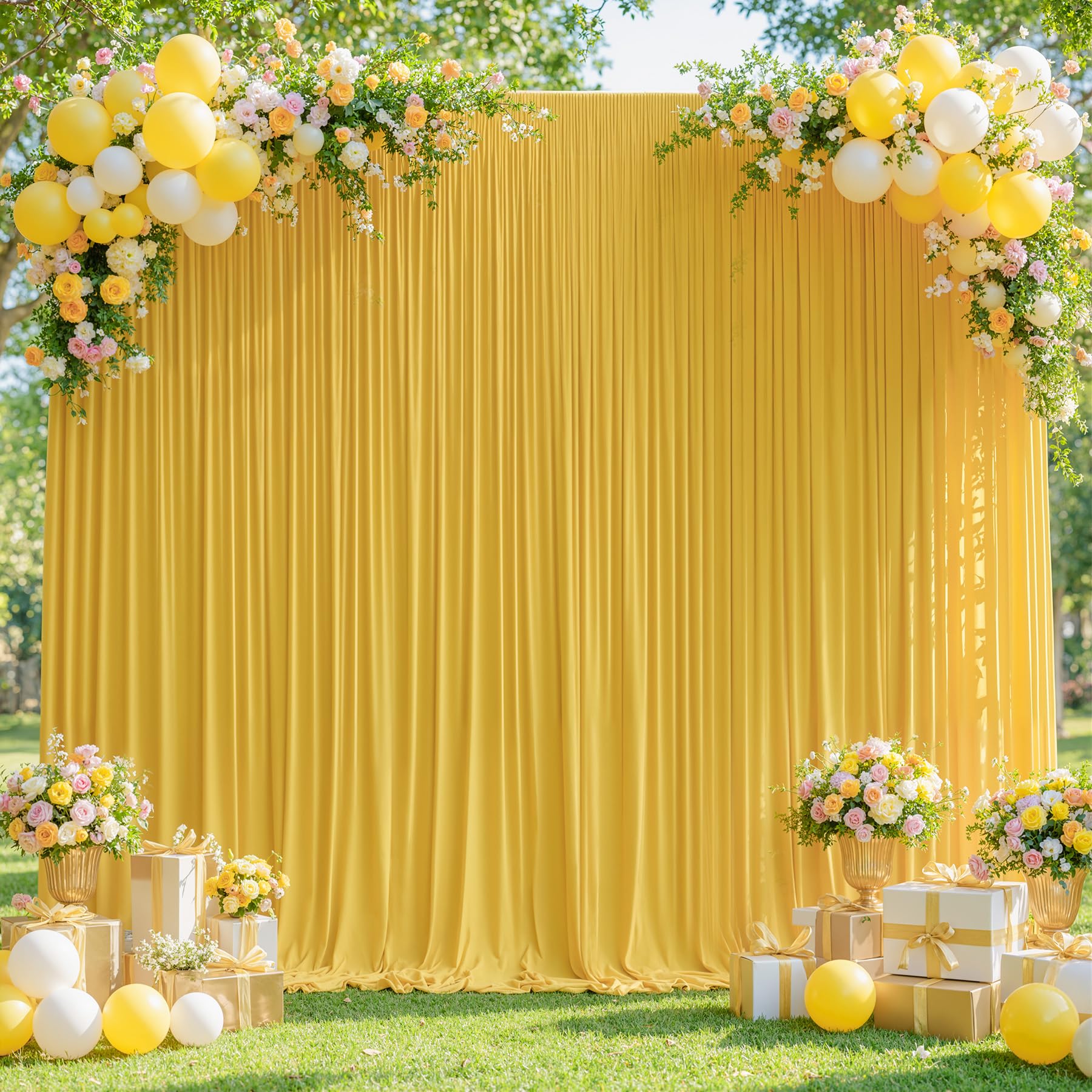 Photo 1 of 10x10ft Yellow Backdrop Curtains for Wedding Parties Wrinkle Free Yellow Curtains Photo Backdrop Drapes for Photography Birthday Baby Shower Soft Fabric Party Backgournd for Photoshoot