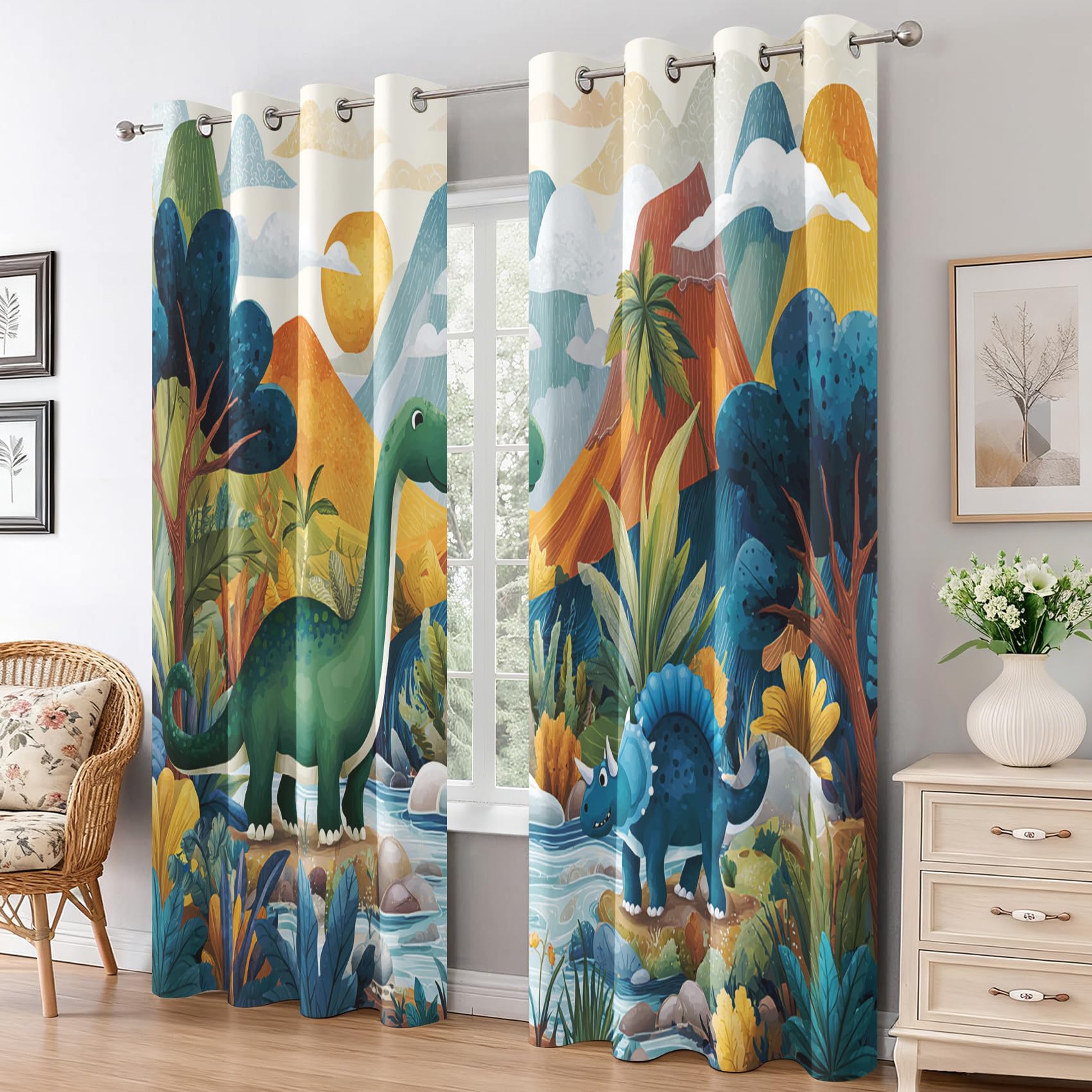 Générique Lot de 2 Rideau Occultant Dinosaure, Rideau Isolant Thermique à Oeillets pour Salon Chambre Cuisine Fenetre, Motif Forêt Adorable Dinosaure Enfants, 140x260 cm (LxH)