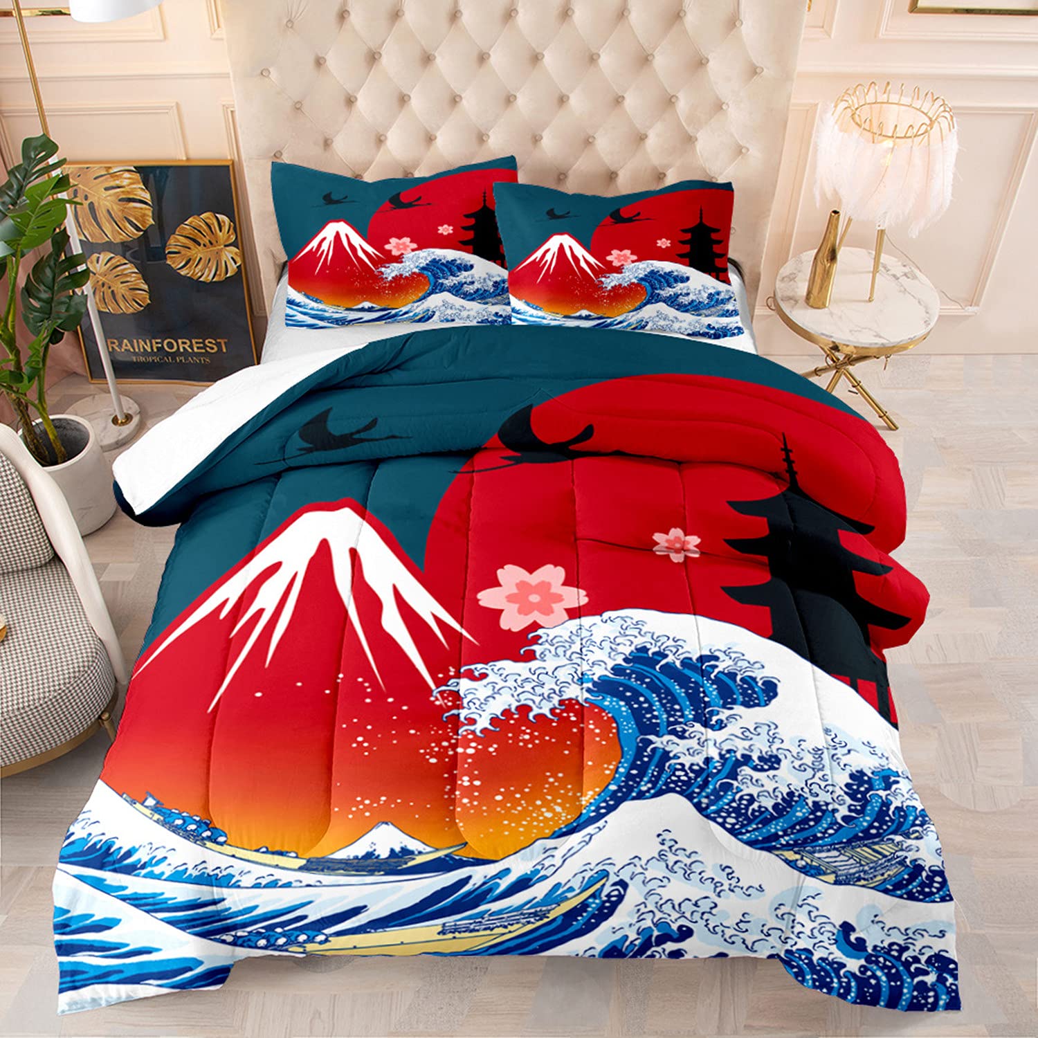 Buy Japanese Style Ukiyoe Bedding Set Queen Size Comforter Red Sun Fuji