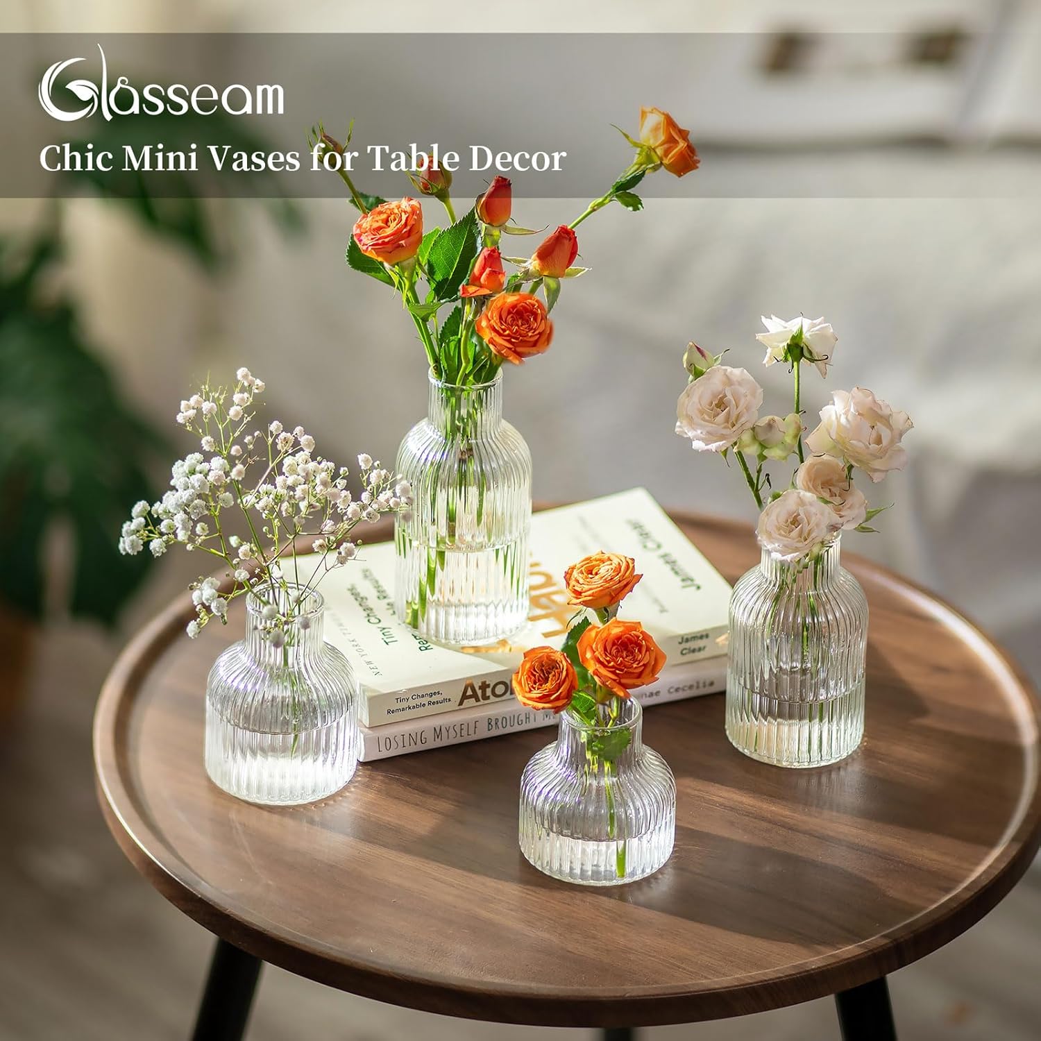 Glasseam Glass Bud Vases for Centerpieces: Modern Small Flower Vase Set of 4 for Home Decor - Clear Mini Table Centerpieces for Minimalist Living Room Shelf Kitchen Wedding Party Decorations - Image 7