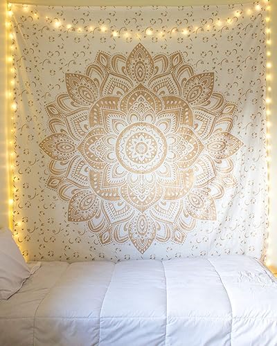 Miniatura 8 de Popular Handicrafts Tapiz para colgar en la pared, diseño hippie mandala bohemio, gitano, hippy indio, dorado, pasión, blanco, colcha, 54 x 60