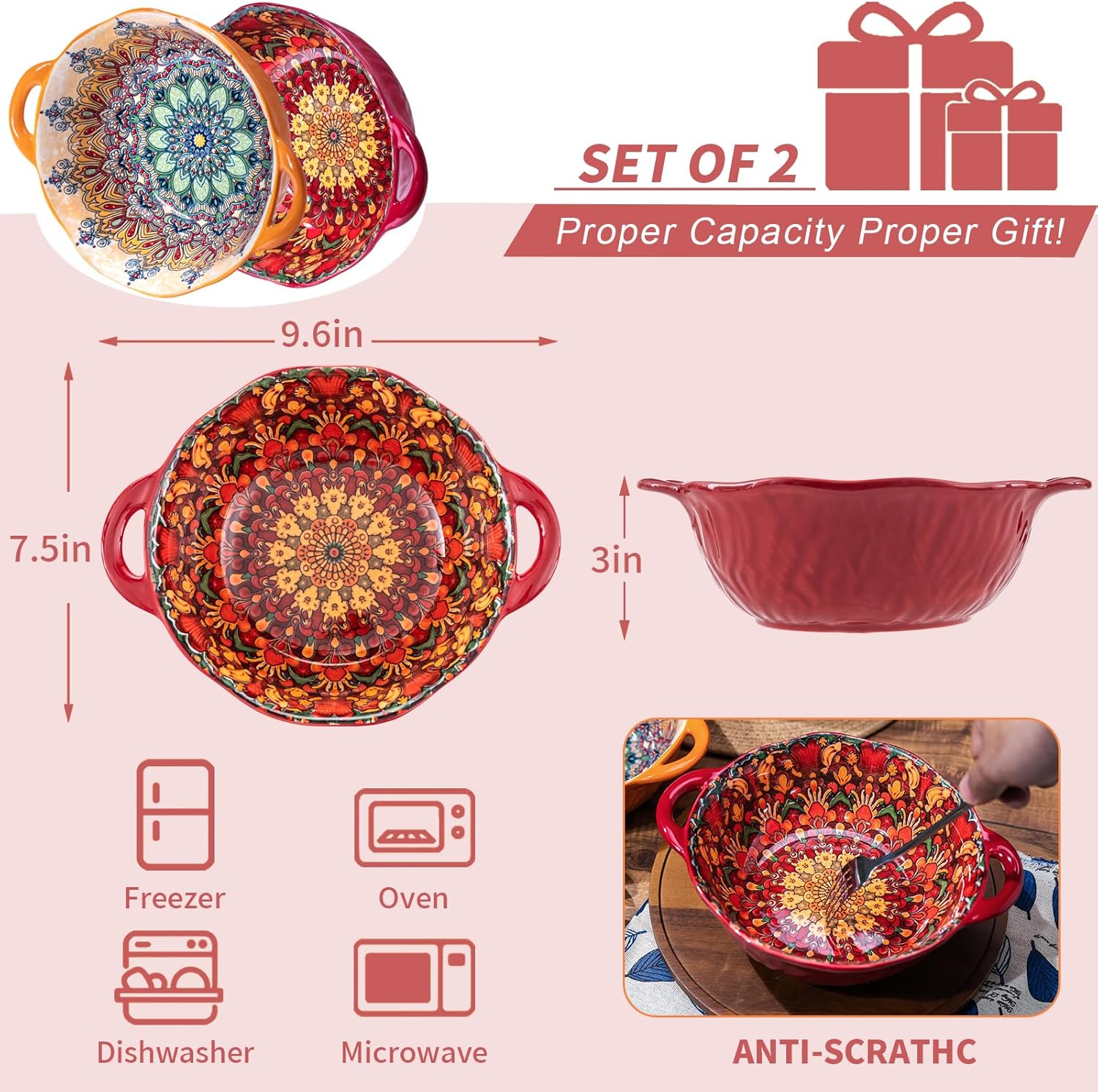 Boho Ceramic Serving Bowls with Handles Set of 2, Ceramic Large Serving Bowls, 40 Oz Porcelain Salad Bowls, Large Serving Dishes for Entertaining, Nesting Mixing Bowls for Soup,Stew,Fruits,Dinner - Image 2