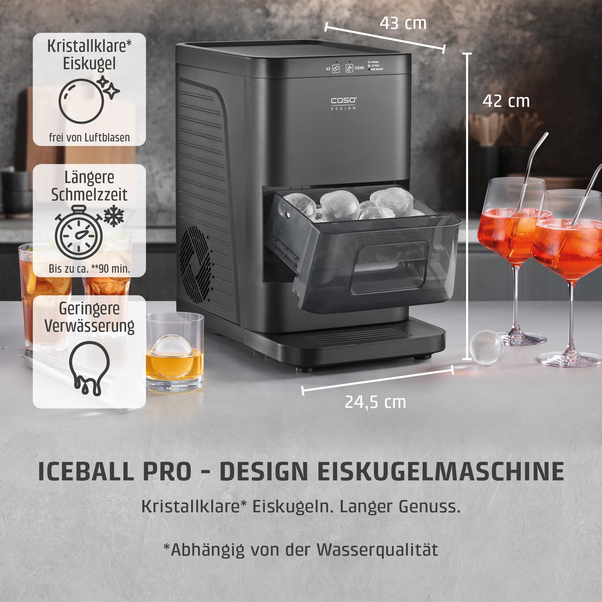 CASO IceBall Pro Eiskugelbereiter mit Kompressor – Kristallklare Eiskugeln 50–55 mm, 2 Kugeln/Stunde, 1,3 l Wassertank, Selbstreinigung, LED-Anzeige, mattschwarz