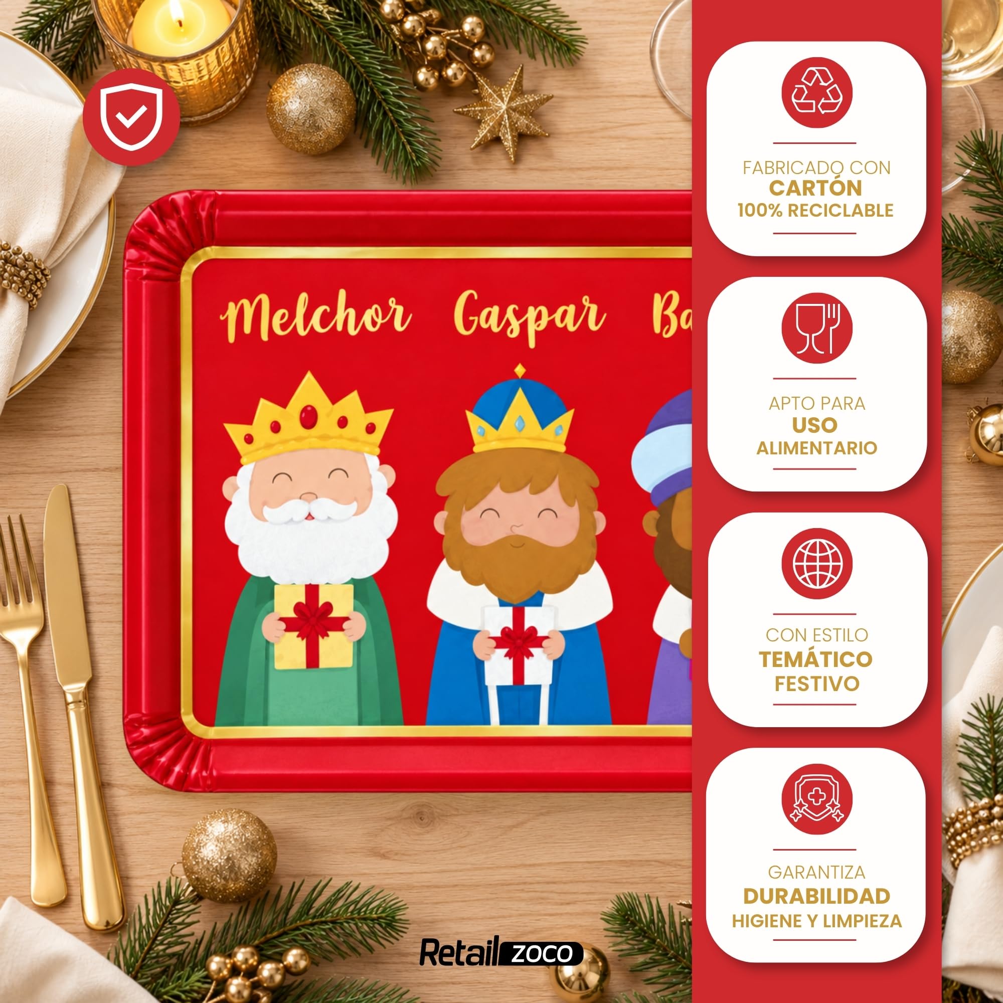 Bandejas de Cartón para Servir, Diseño Reyes Magos Rojo, 6 Unidades - imagen 3
