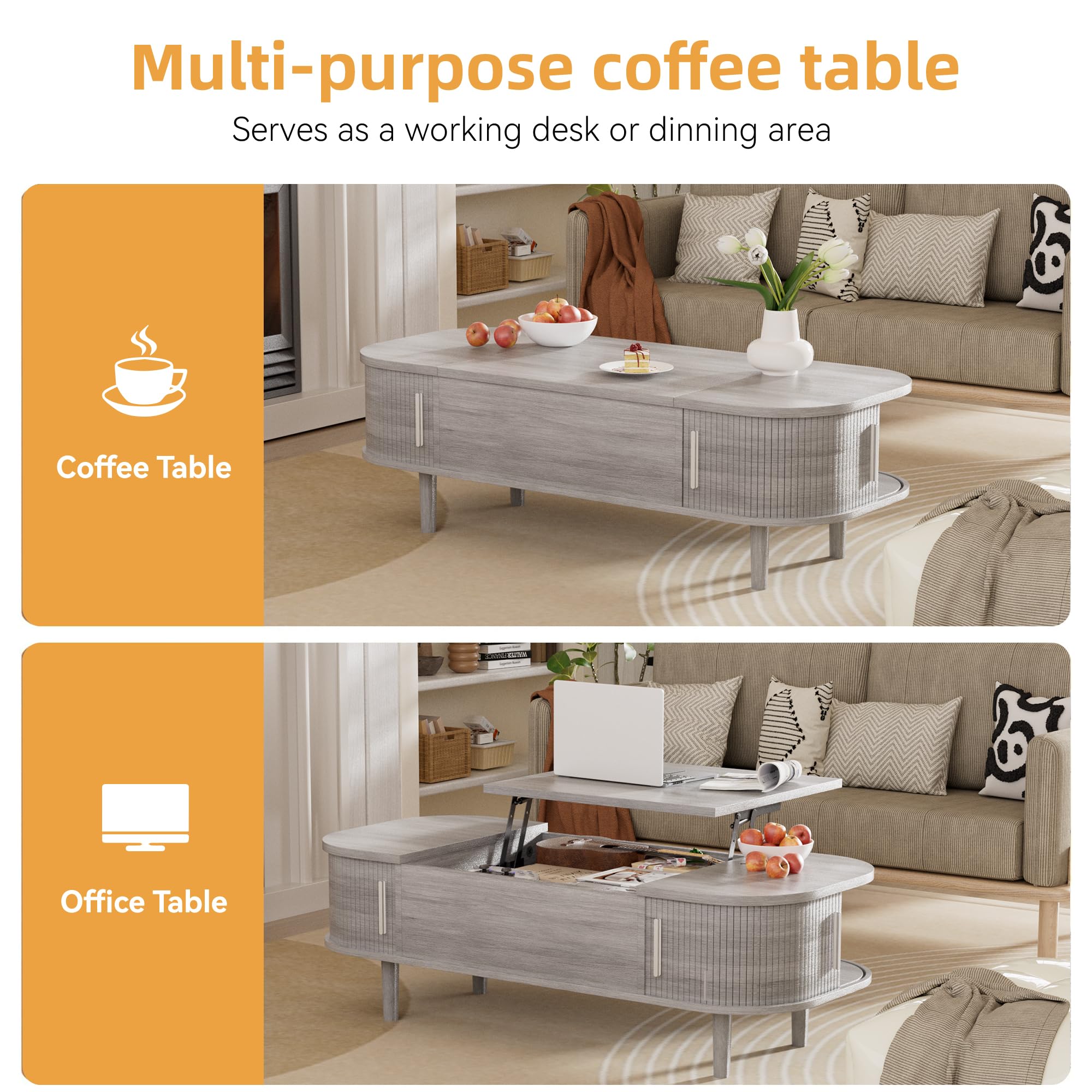 Couchtisch mit Hebeplatte – Moderner Holztisch mit Einzigartiger Textur & Verstecktem Stauraum, Kaffeetisch für Wohnzimmer, Schlafzimmer, Kleine Räume, Home Office