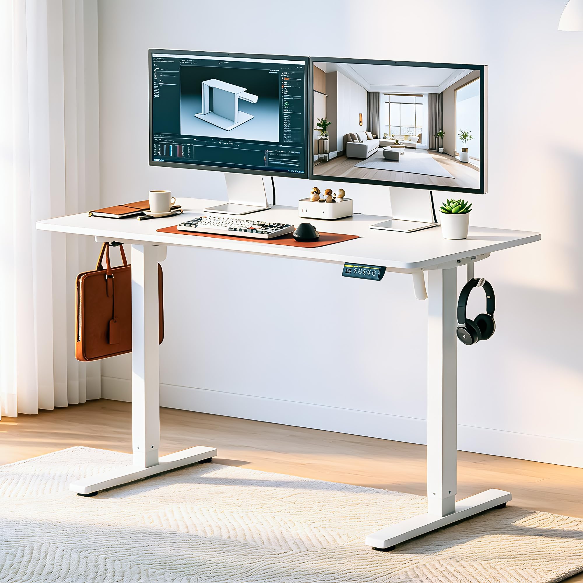 Höhenverstellbarer elektrischer Stehtisch, ergonomischer Schreibtisch mit feststellbaren Rollen, Bürotisch für Heim- und Büroarbeit, Weiß 120x60cm