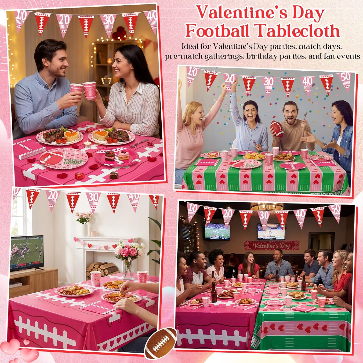 Breling 99 Pcs Pink Heart Football Party Supplies Kit Serve 24 Includes Plates Cups Napkins Banner and Touchdown Tablecloth Football Party Decorations for Valentines Birthday Game Day Sports Tailgate
