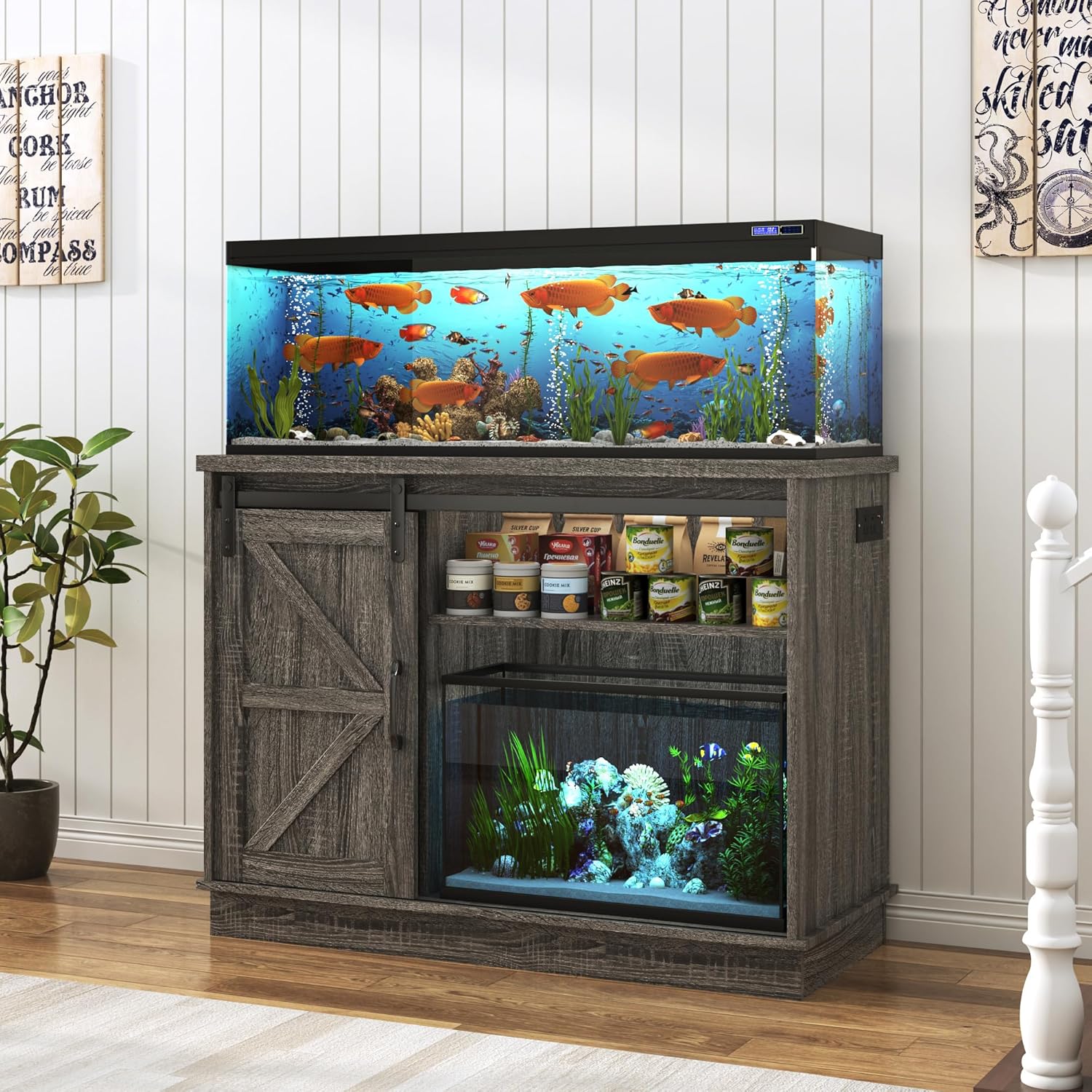 Hlivelood Farmhouse 30-40 Gallon Fish Tank Stand with Power Outlet, Aquarium Stand w/Cabinet&Sliding Barn Door, Heavy Duty Reptile Tank Stand for Fish/Turtle/Reptile Terrarium, 1000LB Capacity, Grey