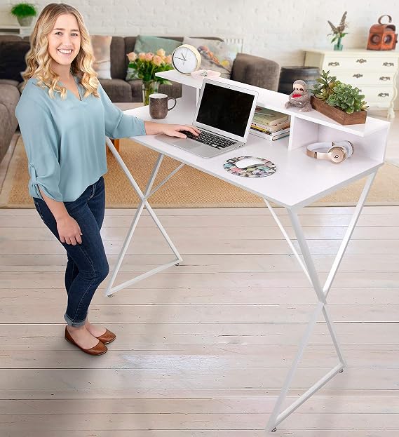Stand Steady Joy Standing Desk | Pretty Standing Desk with Shelf & Built-in Storage Cubbies | Modern Stand Up Workstation | Tall Desk & Reception Table for Home, Dorm & Office (White / 48in x 42in)