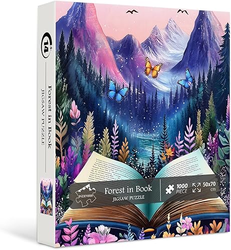 Rompecabezas de libros coloridos para adultos, 1000 piezas, PICKFORU Impossible Nature Mountain Forest Puzzle Butterfly Bird, tema único de plantas