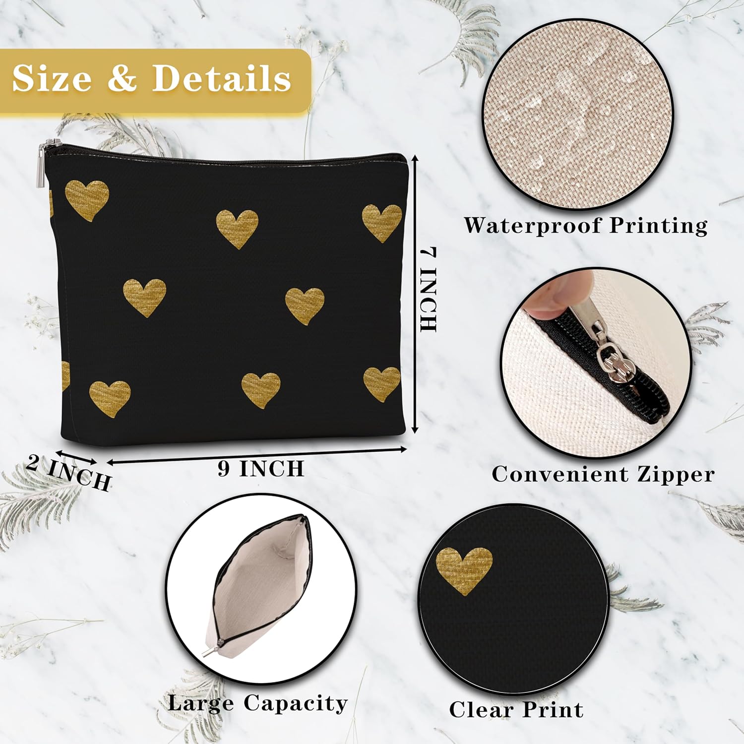 GREOXG Golden Heart Makeup Bag, Small Travel Cosmetic Bag with Zipper, Cute Makeup Pouch Gift Ideas for Women Teen Girls Friends Mom Sisters Teacher Birthday Christmas Wedding Graduation-E17 - Image 2
